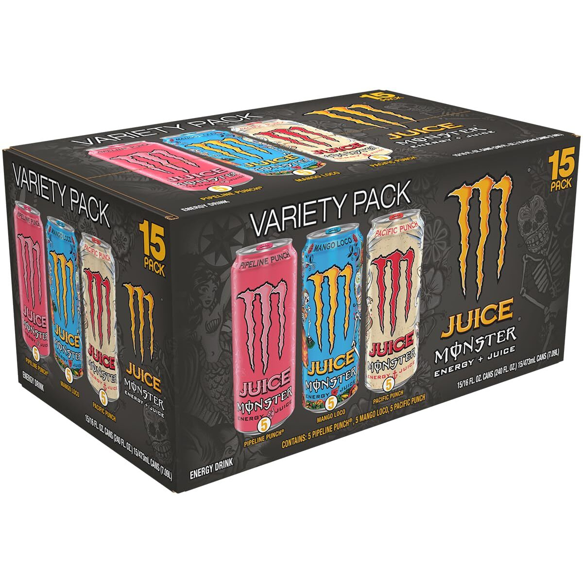 Monster Energy Juice Monster Variety Pack, Pipeline Punch, Mango Loco, Pacific Punch, Energy+Juice, Energy Drink, 16 Ounce (Pack Of 15)