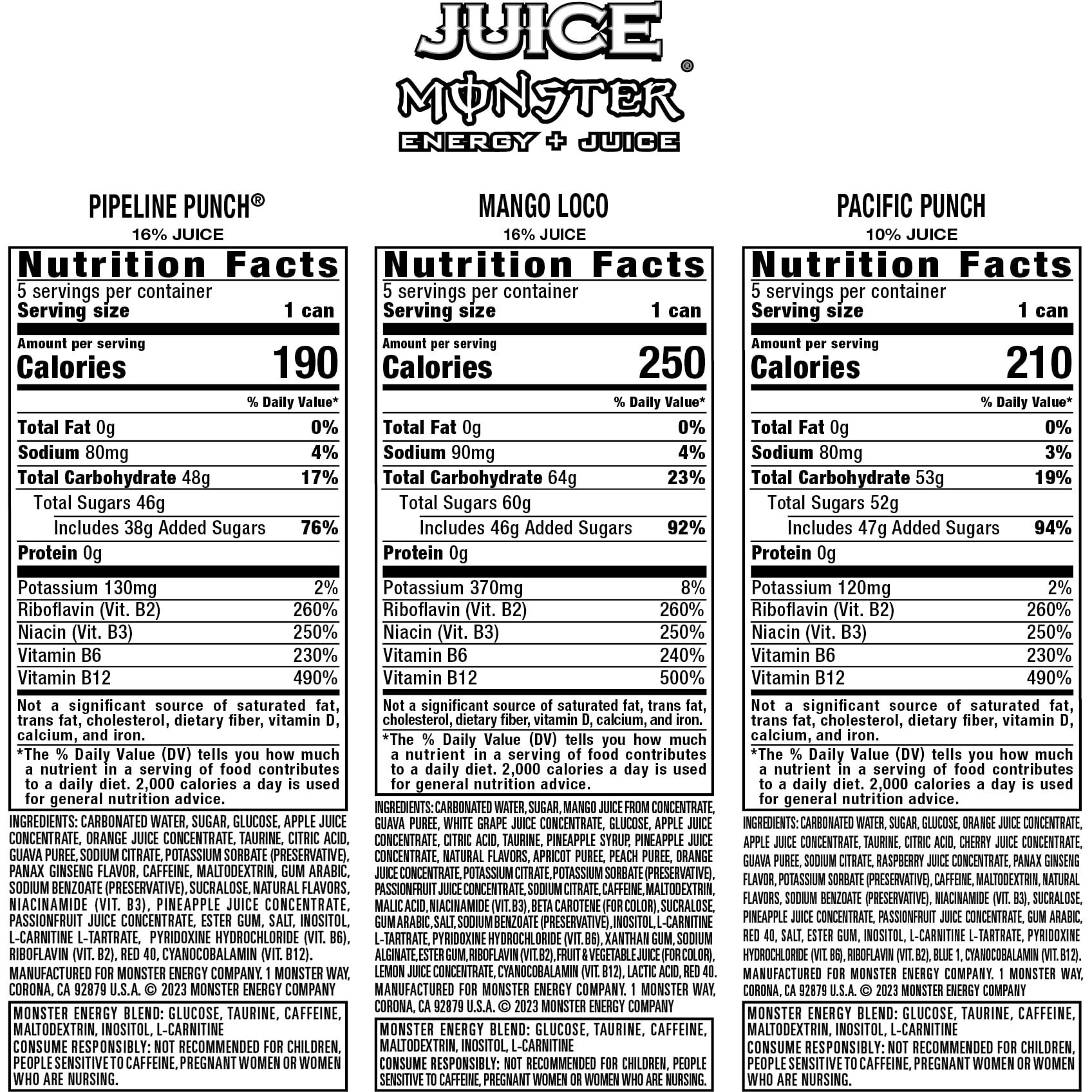 Monster Energy Juice Monster Variety Pack, Pipeline Punch, Mango Loco, Pacific Punch, Energy+Juice, Energy Drink, 16 Ounce (Pack Of 15)