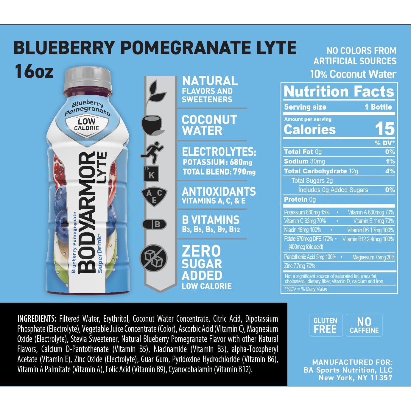 Bodyarmor Lyte Sports Drink Low-Calorie Sports Beverage, Blueberry Pomegranate, Coconut Water Hydration, Natural Flavors With Vitamins, Potassium-Packed Electrolytes, Perfect For Athletes, 16 Fl Oz (Pack Of 12)