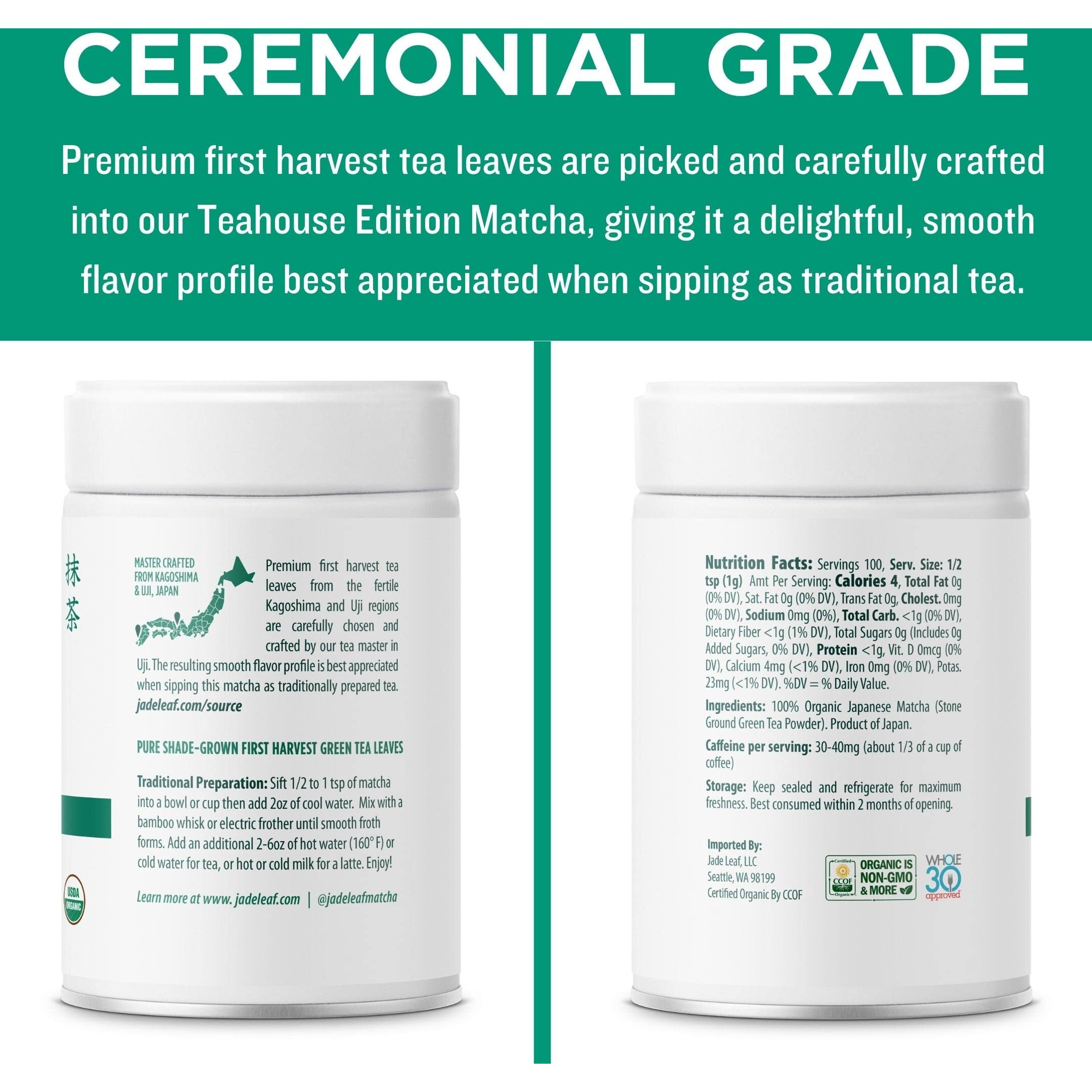 Jade Leaf Matcha Organic Ceremonial Grade Matcha Green Tea Powder - Authentic Japanese Origin - Teahouse Edition Premium First Harvest (3.53 Ounce)