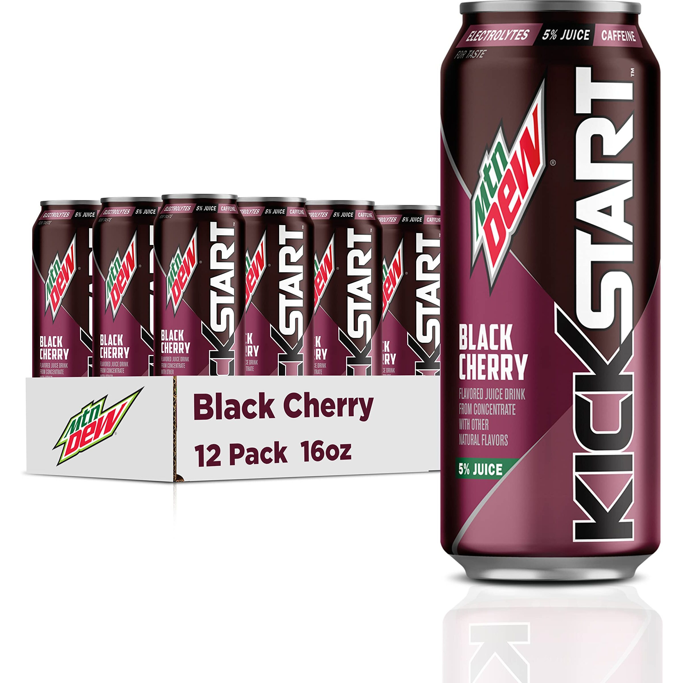 Mountain Dew Kickstart, Black Cherry, 92Mg Caffeine, Vitamins B & C, 80 Calories, 5% Juice, 16 Fl Oz (12 Count)