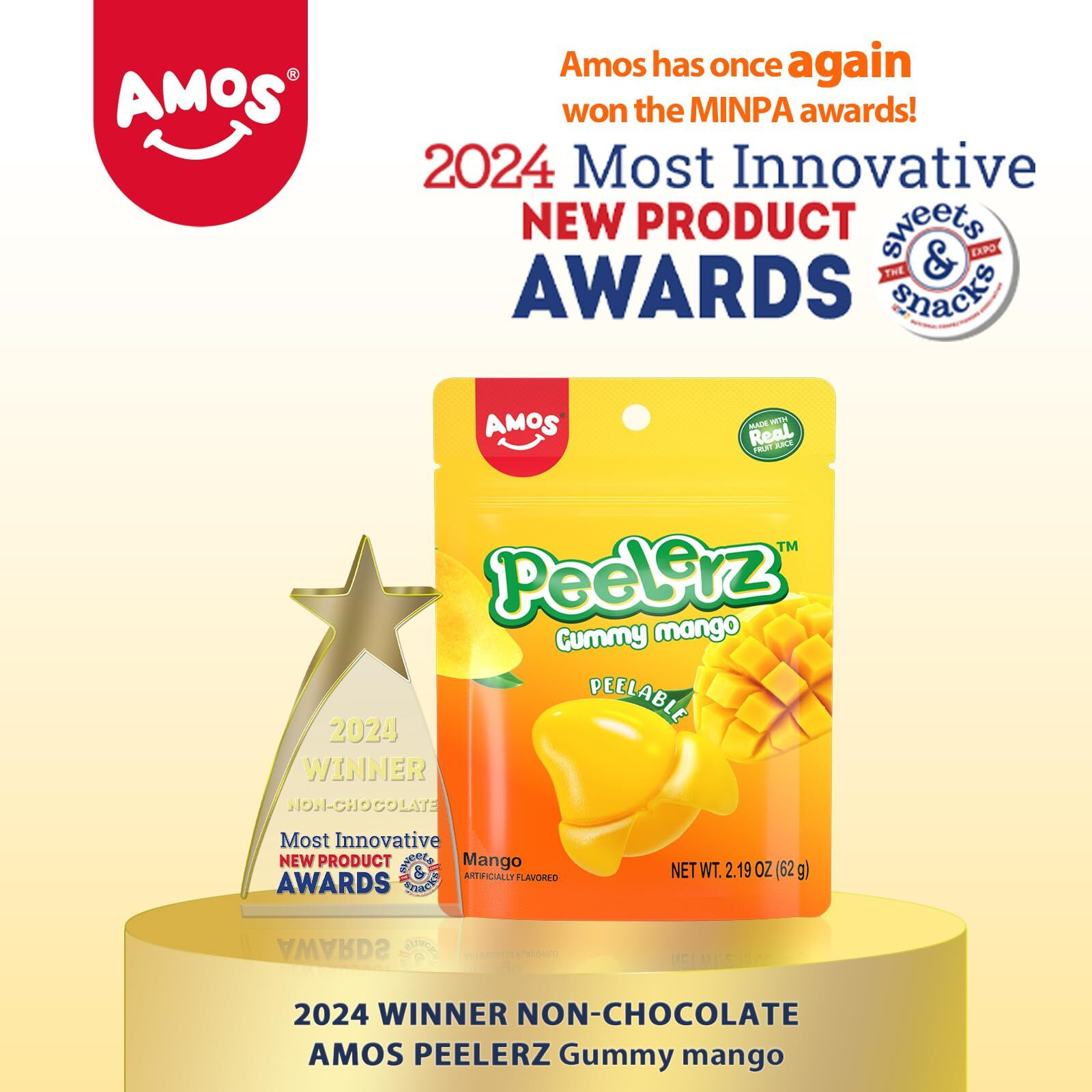 Amos Peelerz Mango Gummy Candy, Peeleble Gummy Mango Peeling Candy,Resealable 2.19Oz Bag (Pack Of 3)