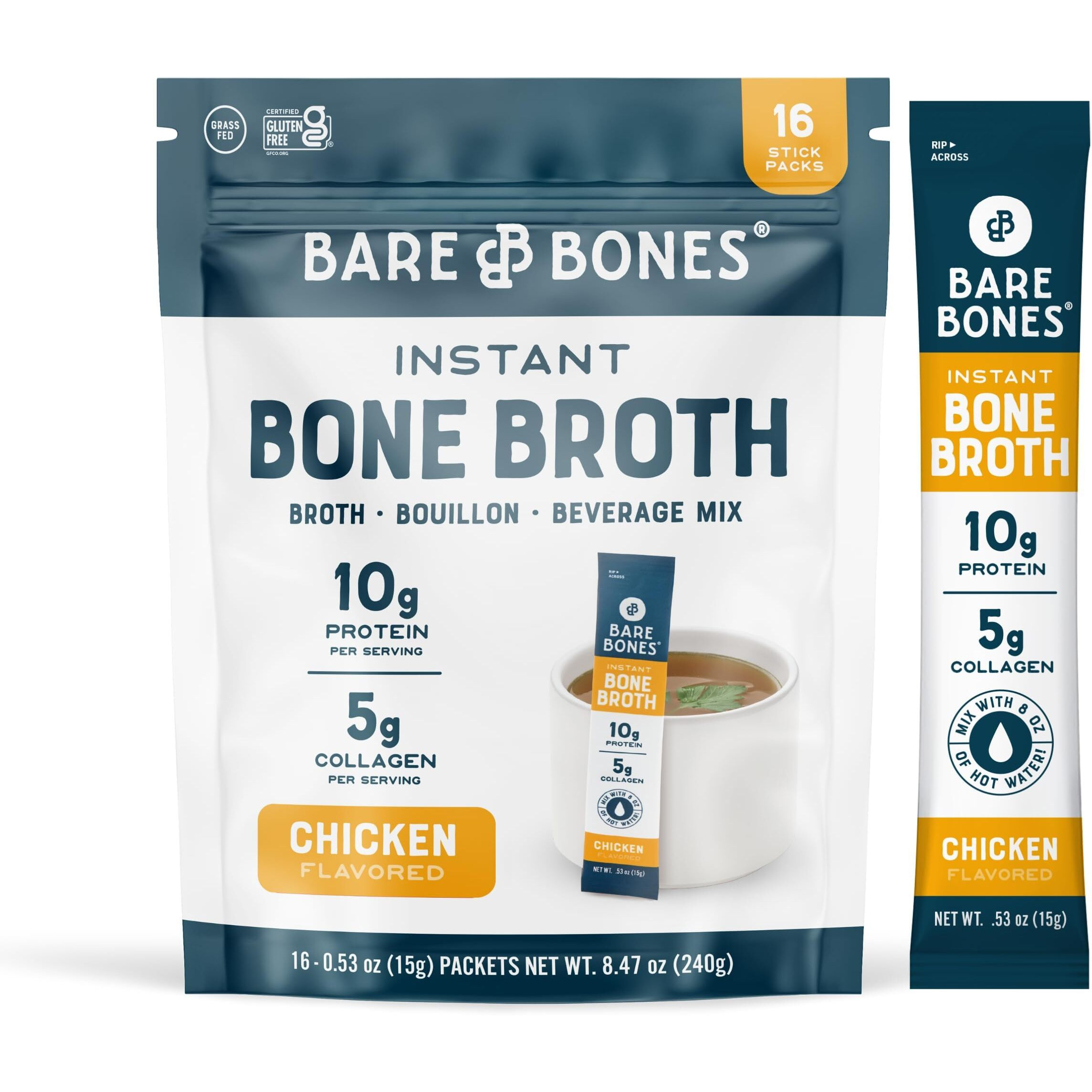 Bare Bones Bone Broth Instant Powdered Beverage Mix, Chicken, Pack Of 16, 15G Sticks, 10G Protein, Keto & Paleo Friendly