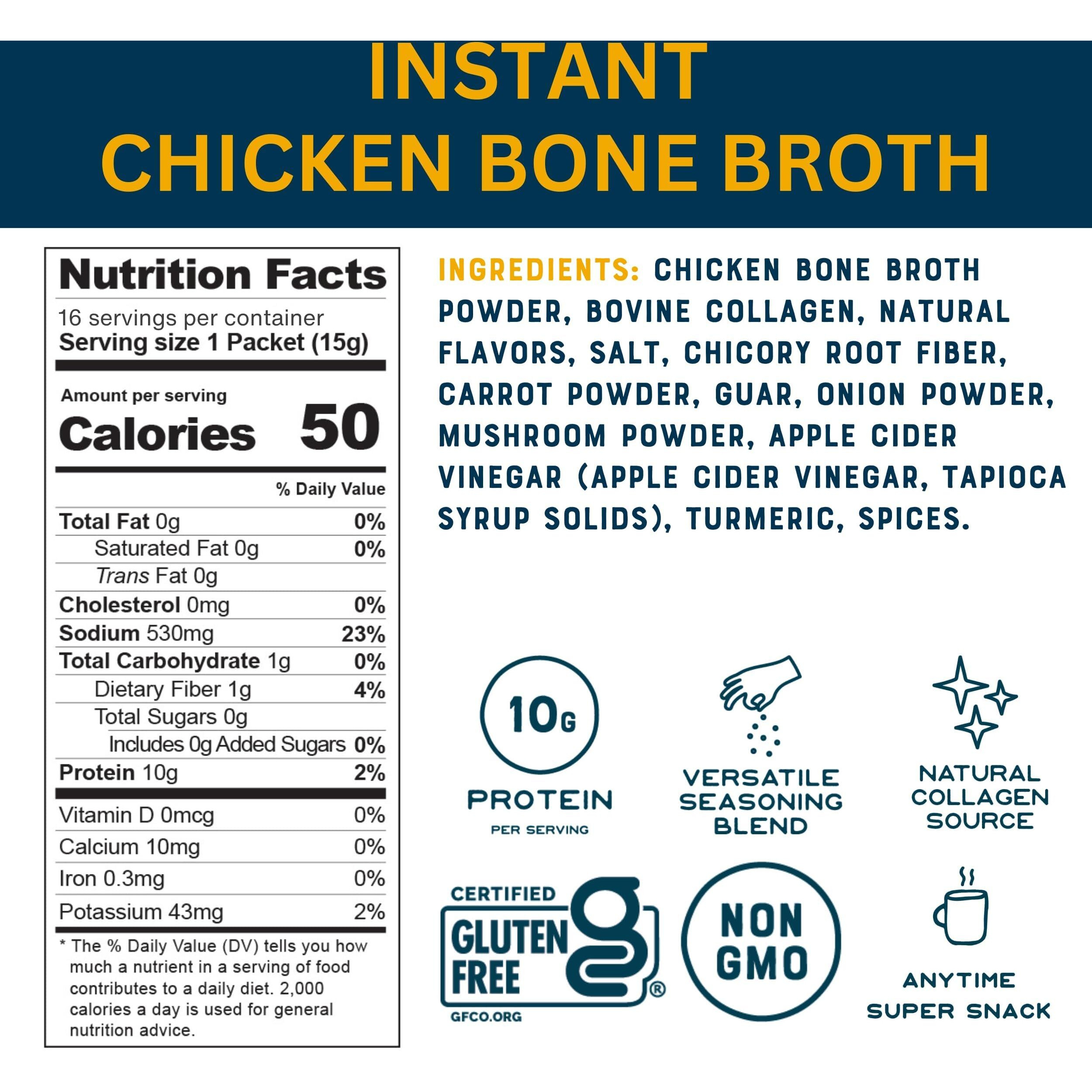 Bare Bones Bone Broth Instant Powdered Beverage Mix, Chicken, Pack Of 16, 15G Sticks, 10G Protein, Keto & Paleo Friendly
