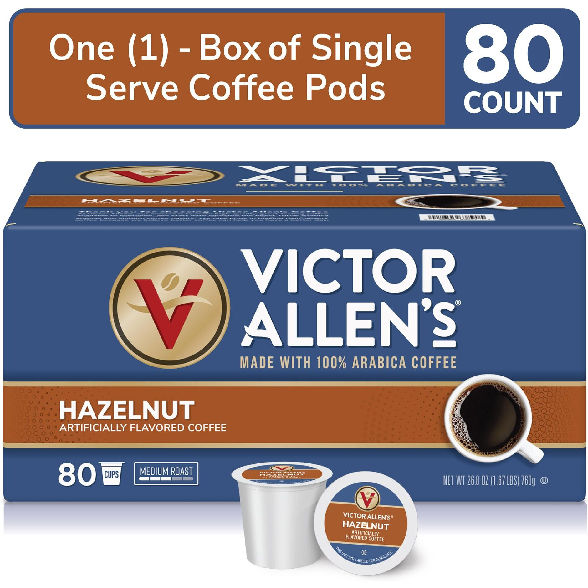 Victor Allen's Coffee Hazelnut Flavored, Medium Roast, 80 Count, Single Serve Coffee Pods For Keurig K-Cup Brewers