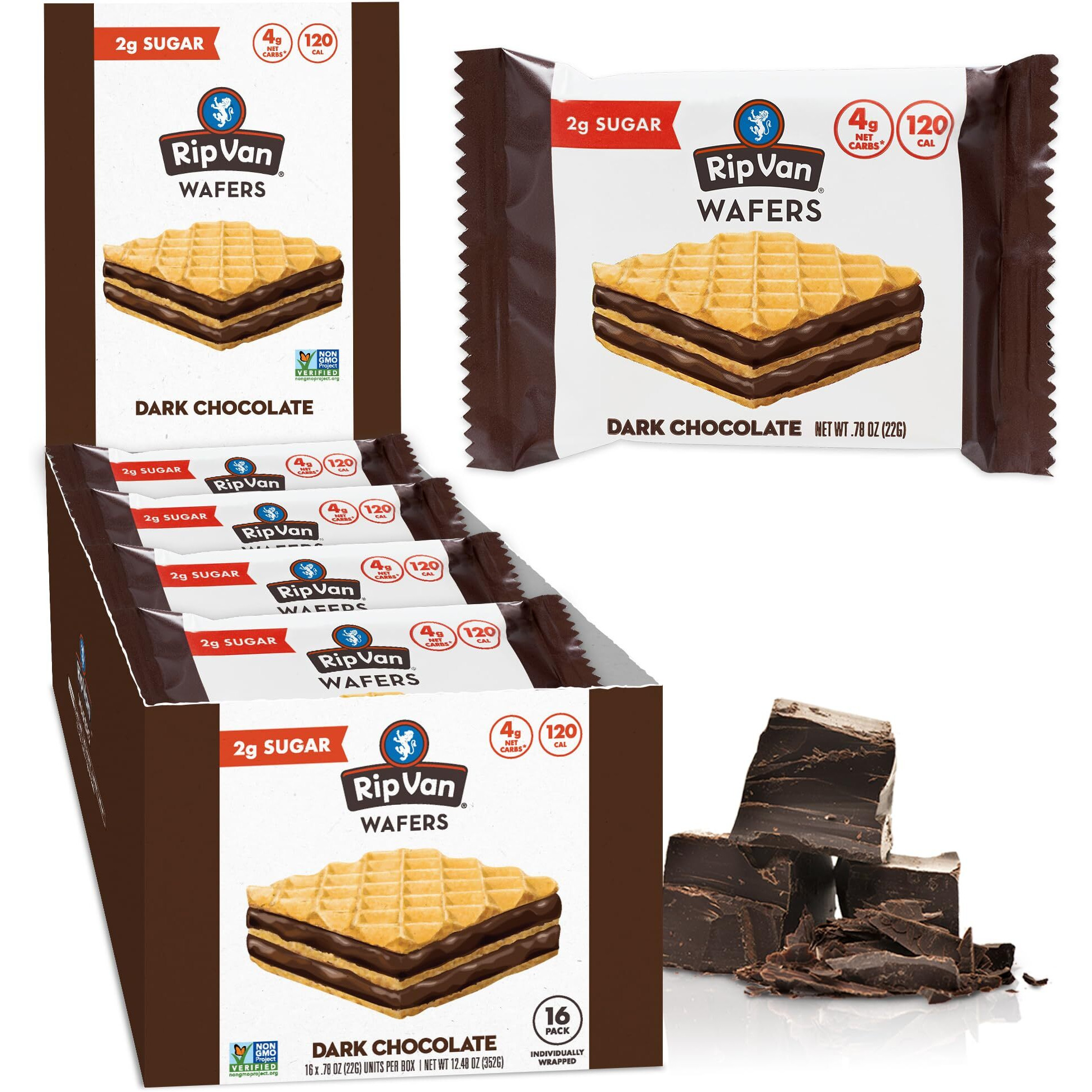 Rip Van Dark Chocolate Wafer Cookies - Healthy Snacks - Non Gmo, Keto, Low Carb, Low Sugar (2G), Low Calorie And Vegan, 16 Count