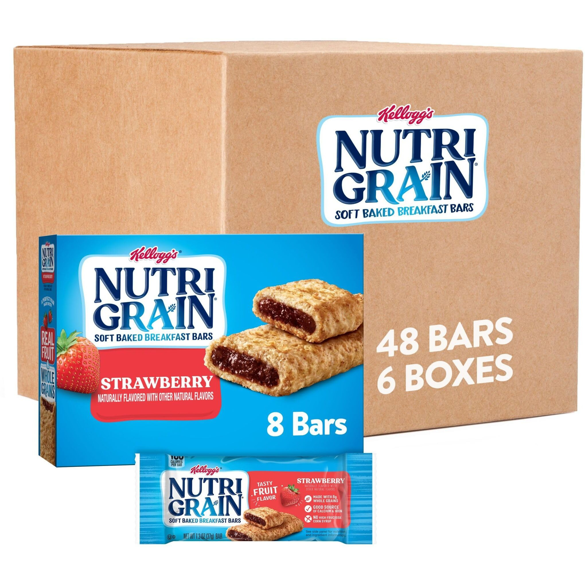Nutri-Grain Soft Baked Breakfast Bars, Made With Whole Grains, Kids Snacks, Strawberry, 3.9Lb Case (6 Boxes)