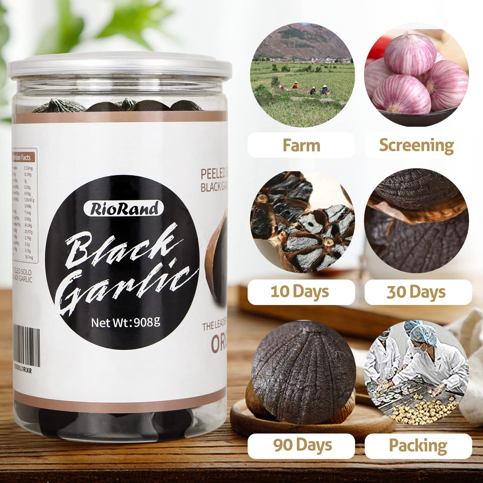 Riorand Black Garlic 908G / 2 Pounds Whole Peeled Black Garlic Aged For Full 90 Days Black Garlic Jar Equal To 4Lbs Of Whole Black Garlic (908G / 2 Pound)