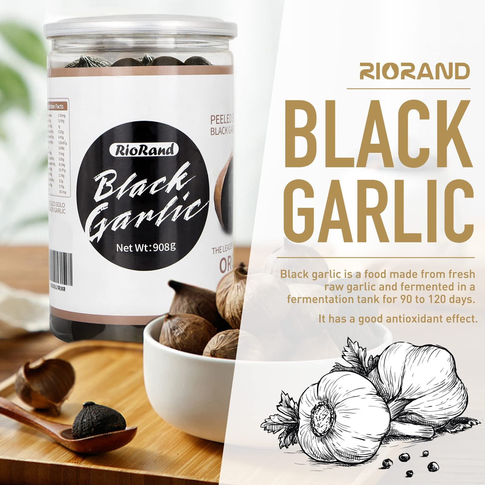 Riorand Black Garlic 908G / 2 Pounds Whole Peeled Black Garlic Aged For Full 90 Days Black Garlic Jar Equal To 4Lbs Of Whole Black Garlic (908G / 2 Pound)