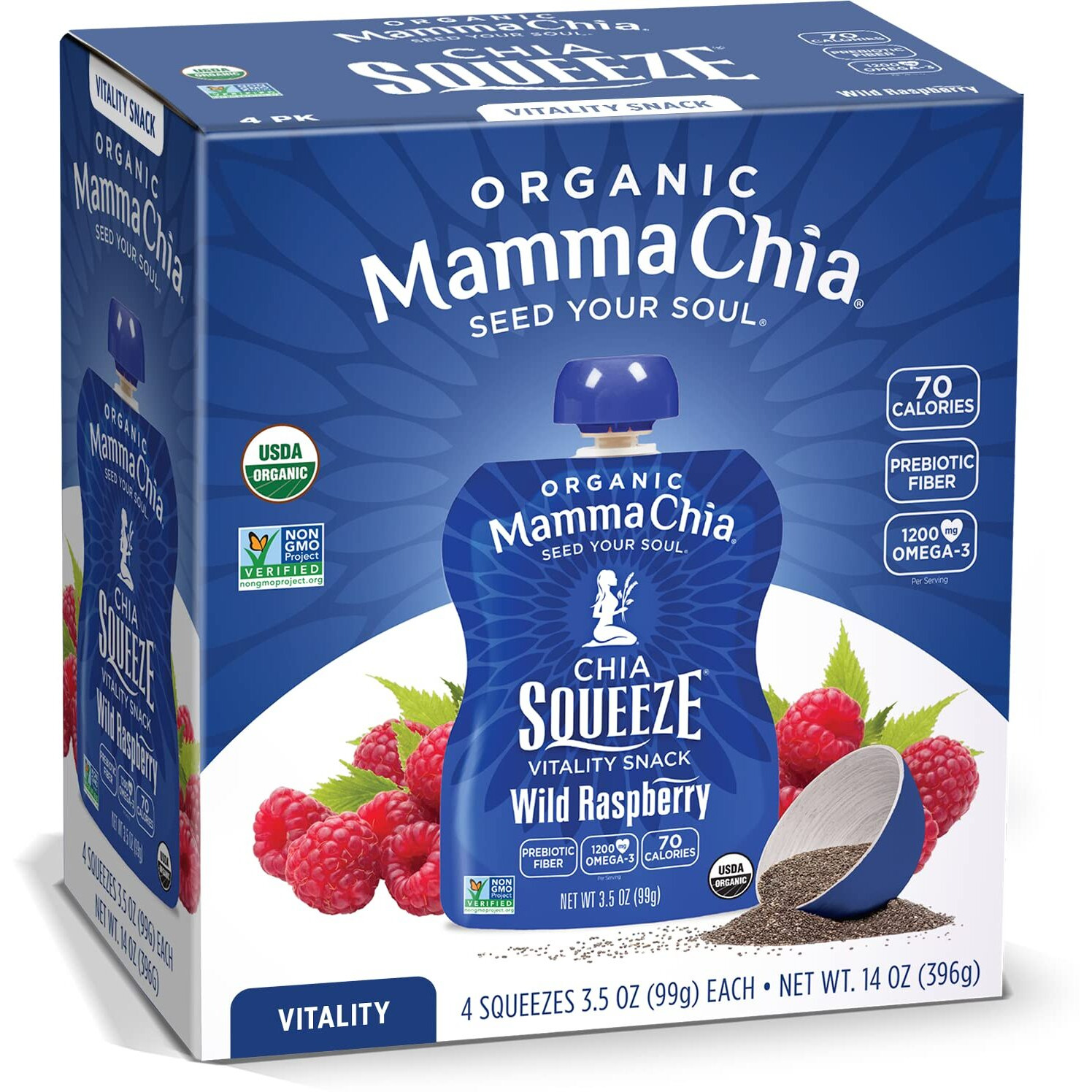 Mammachia Organic Chia Squeeze Vitality Snack, Wild Raspberry, No Added Sugar, Vegan Friendly, Kosher, Usda Certified Organic, Gluten Free & Non-Gmo, 4 Count, 14 Ounce (Pack Of 6)