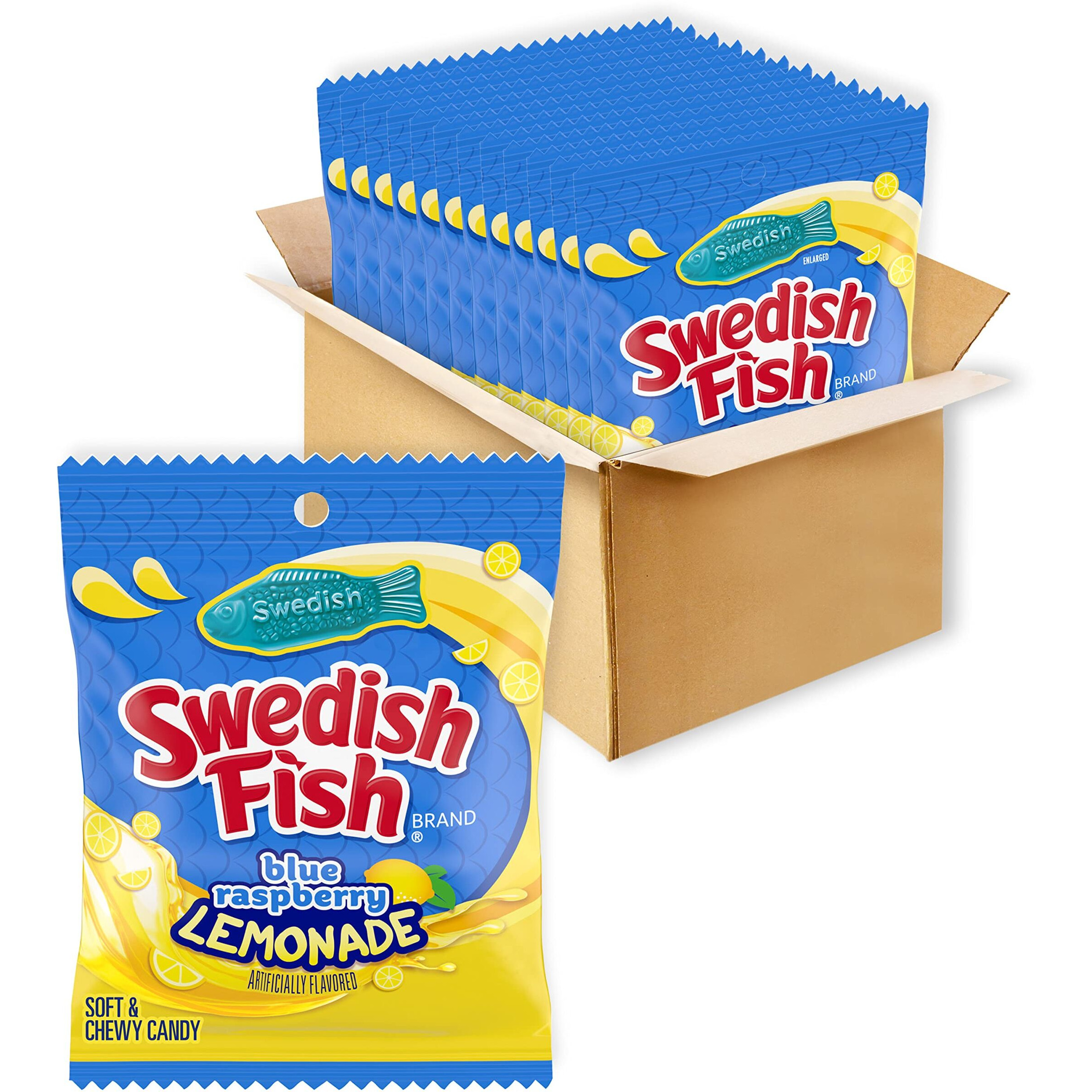 Swedish Fish Blue Raspberry Lemonade Soft & Chewy Candy, Bulk Candy, 12-3.59 Oz Bags