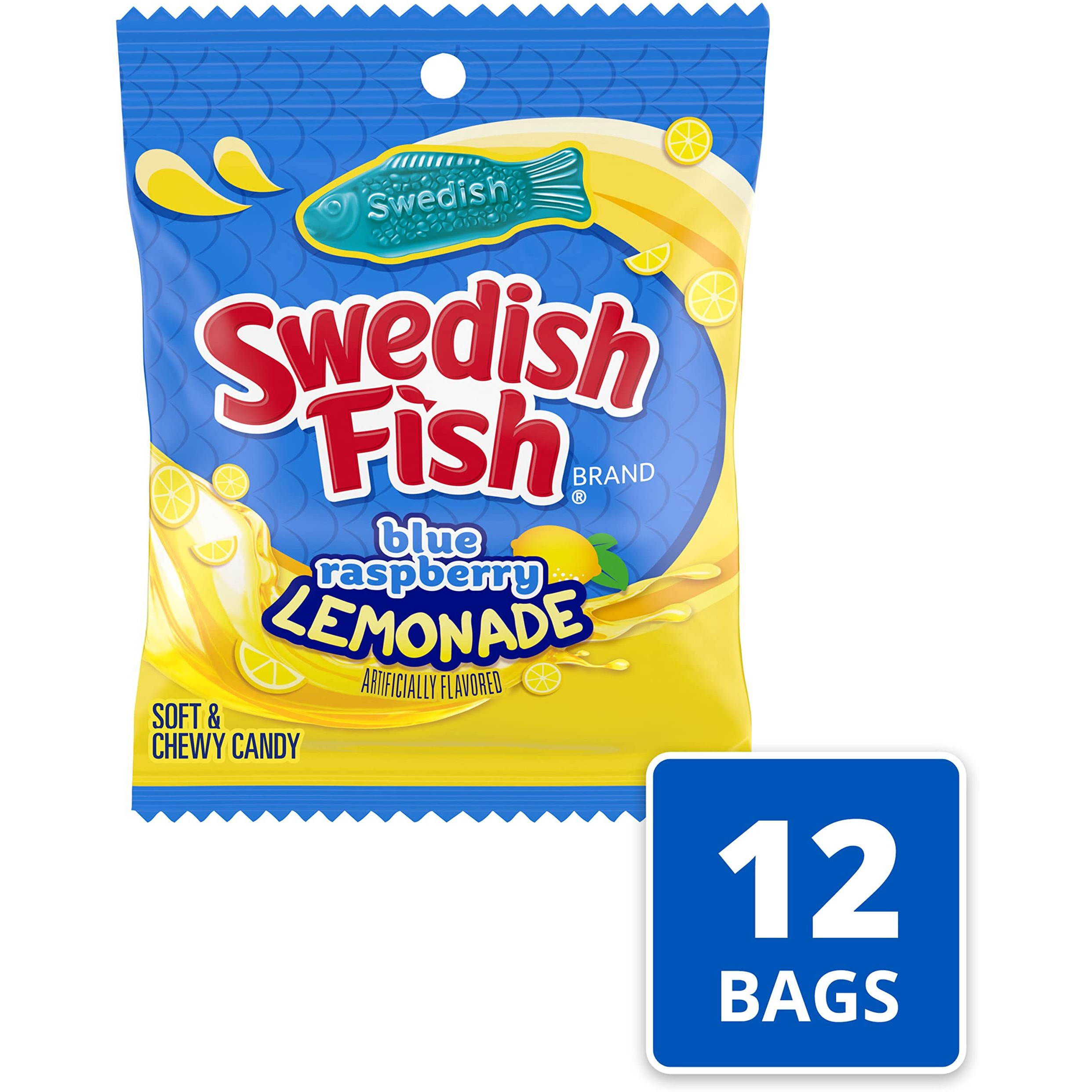 Swedish Fish Blue Raspberry Lemonade Soft & Chewy Candy, Bulk Candy, 12-3.59 Oz Bags