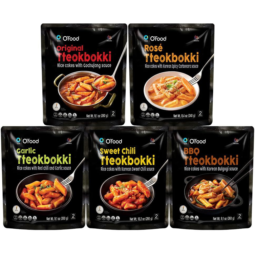Chung Jung One O'Food Tteokbokki Variety Pack, Pack Of 5, Instant Korean Rice Cakes, Authentic Spicy Street Food, Ready To Eat, No Msg, No Corn Syrup