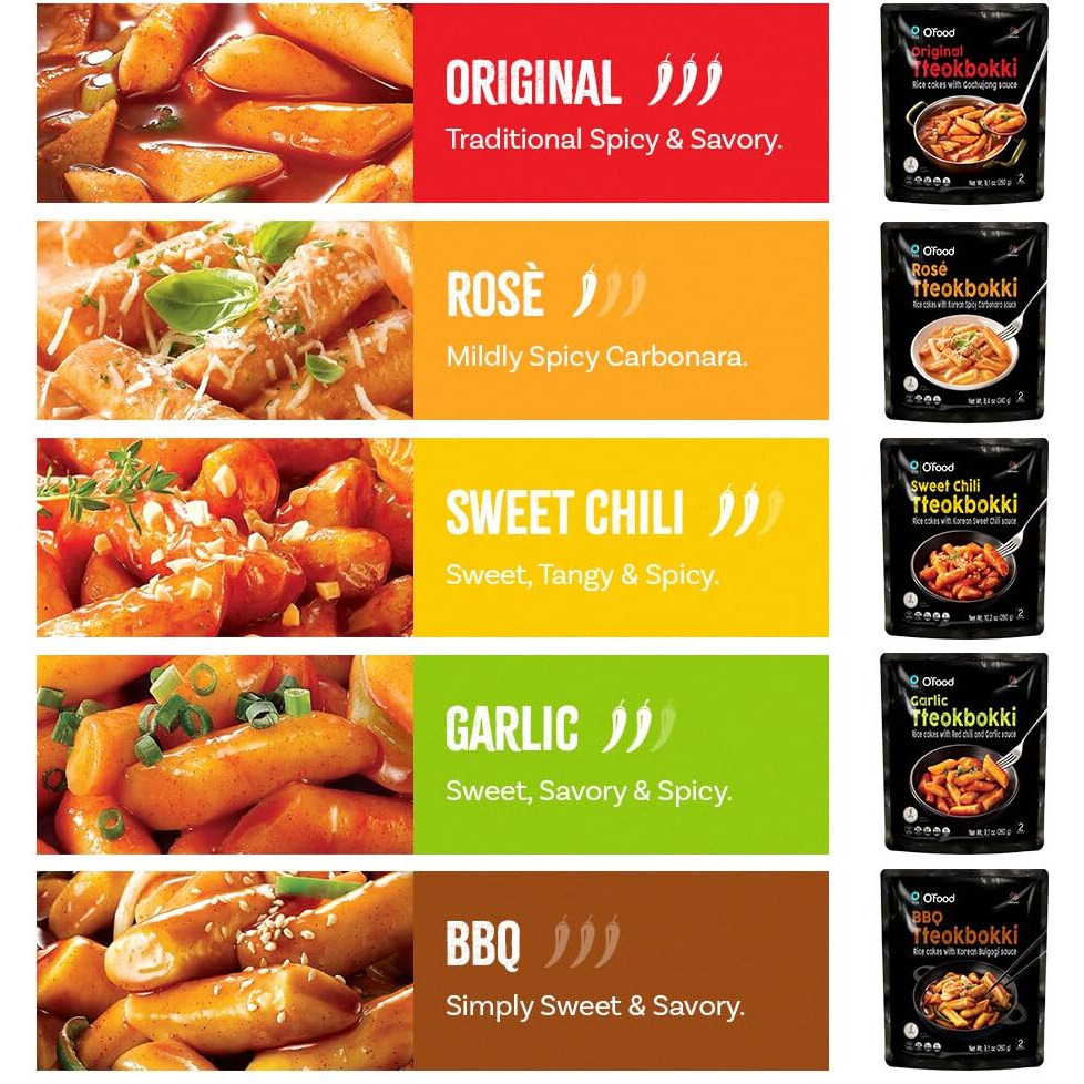 Chung Jung One O'Food Tteokbokki Variety Pack, Pack Of 5, Instant Korean Rice Cakes, Authentic Spicy Street Food, Ready To Eat, No Msg, No Corn Syrup