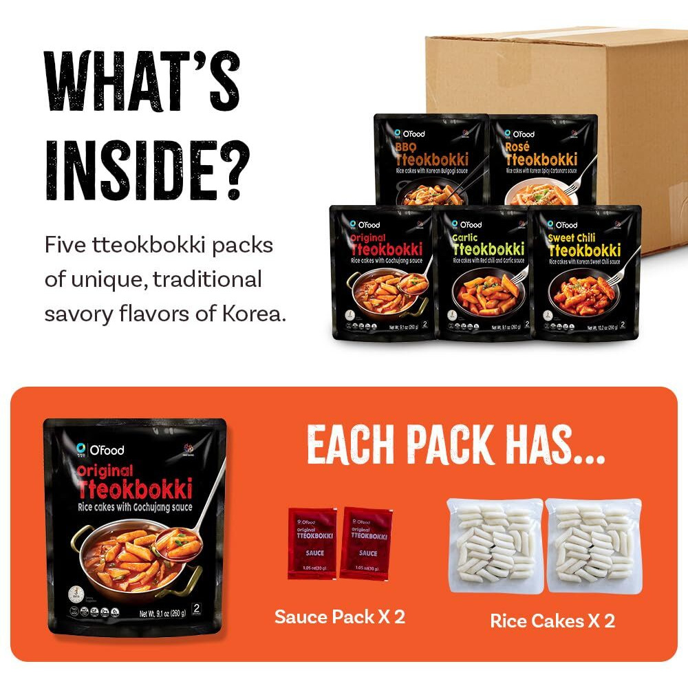Chung Jung One O'Food Tteokbokki Variety Pack, Pack Of 5, Instant Korean Rice Cakes, Authentic Spicy Street Food, Ready To Eat, No Msg, No Corn Syrup