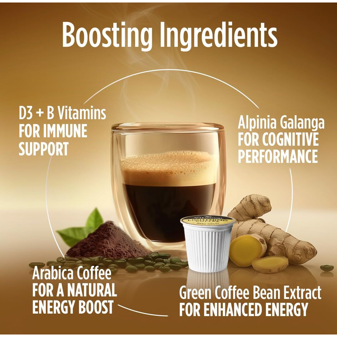 Vitacup Lightning Coffee Pods, Enhance Memory & Focus W/ 2X Caffeine, Green Coffee Bean, B Vitamins, D3, Strong Dark Roast Coffee, Recyclable Single Serve Pod Compatible W/Keurig K-Cup Brewers,16 Ct