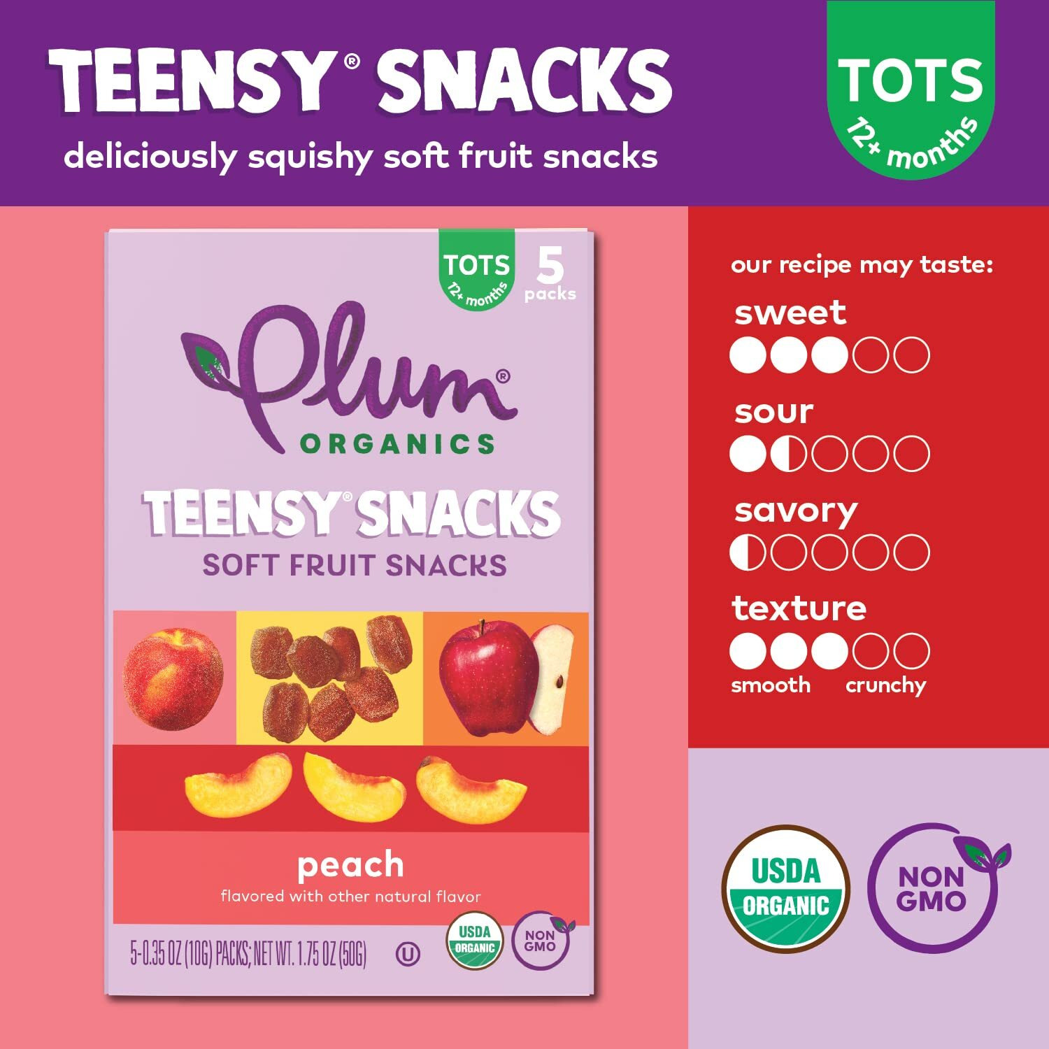 Plum Organics Teensy Snacks Soft Fruit Snacks - Peach - 0.35 Oz Bags (Pack Of 40) - Organic Toddler Food Fruit Snacks