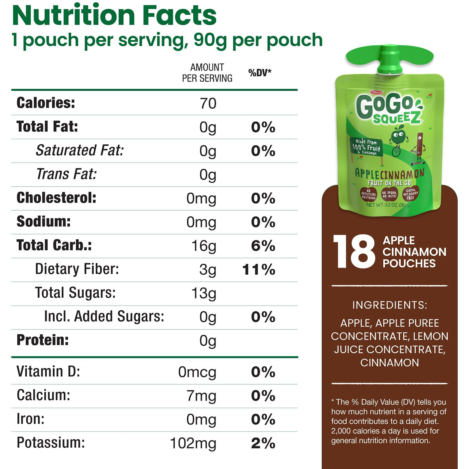 Gogo Squeez Fruit On The Go, Apple Cinnamon, 3.2 Oz (Pack Of 18), Unsweetened Fruit Snacks For Kids, Gluten Free, Nut Free And Dairy Free, Recloseable Cap, Bpa Free Pouches