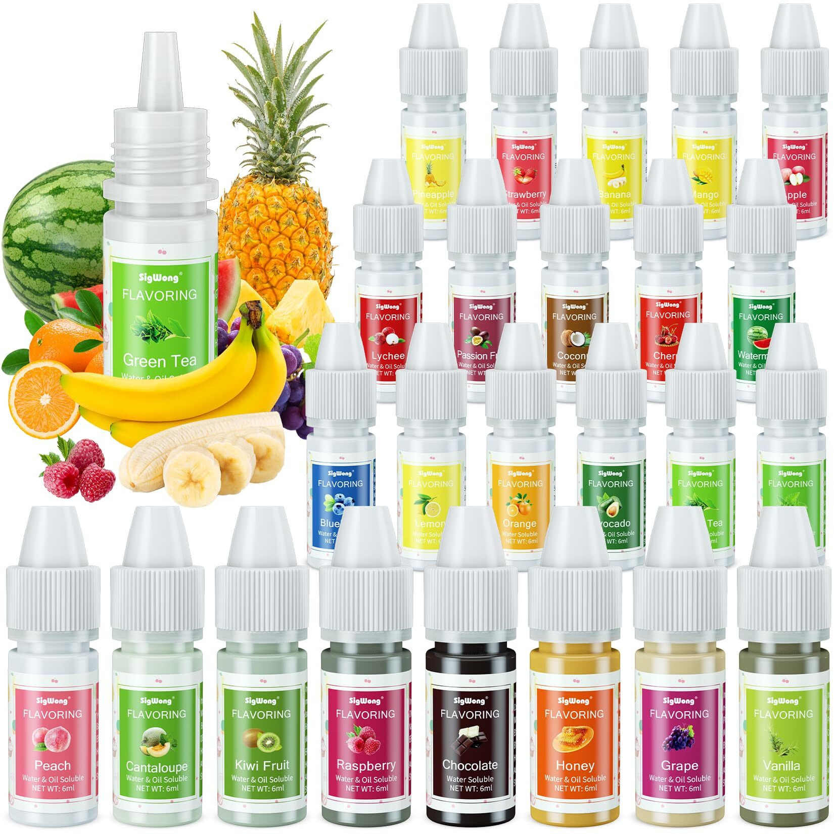 Food Flavoring Oil, 24 Liquid Lip Gloss Flavoring Oil - Concentrated Candy Flavors For Lip Balm, Baking, Cooking, Soap And Slime Making - Water & Oil Soluble - .25 Fl Oz (6 Ml) Bottles