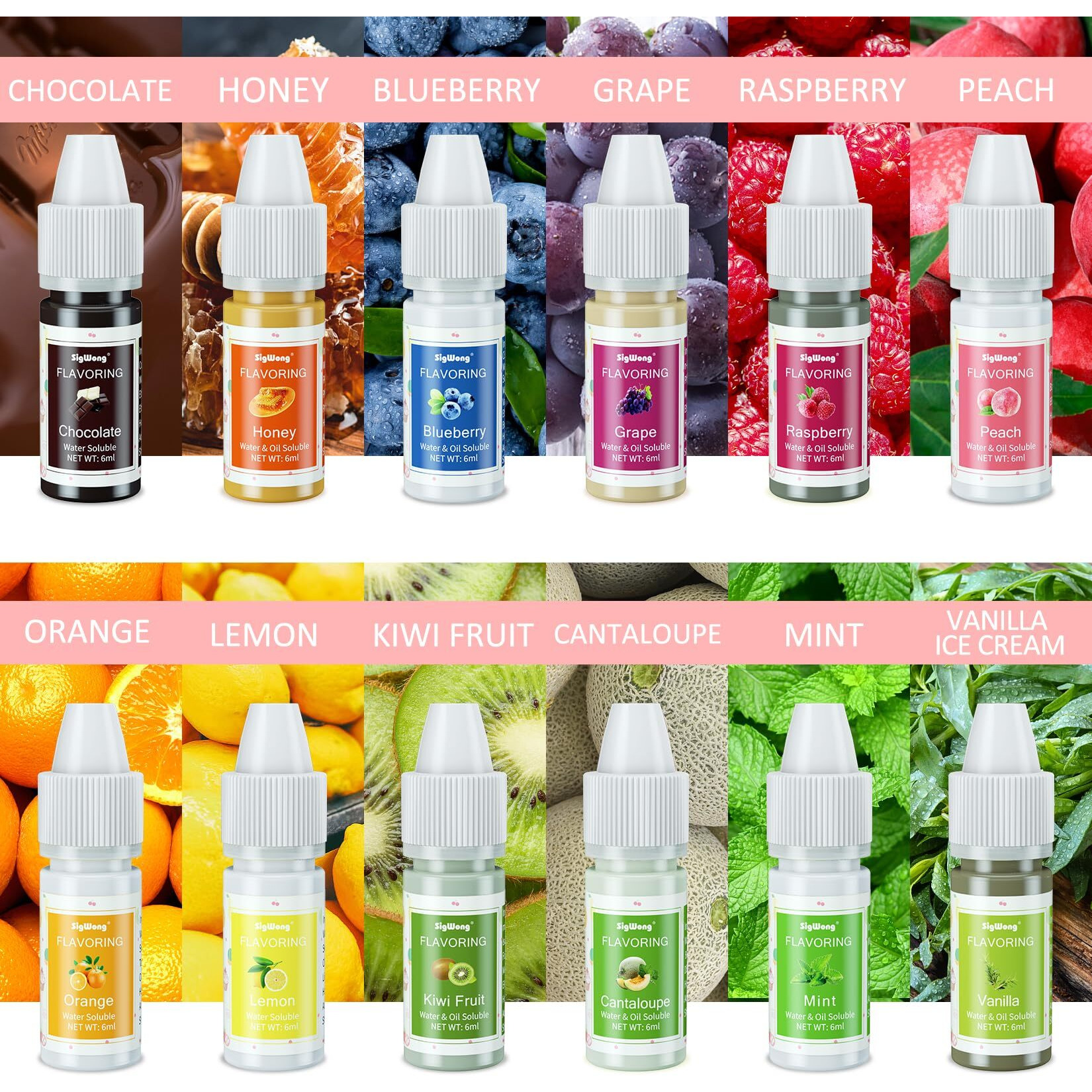 Food Flavoring Oil, 24 Liquid Lip Gloss Flavoring Oil - Concentrated Candy Flavors For Lip Balm, Baking, Cooking, Soap And Slime Making - Water & Oil Soluble - .25 Fl Oz (6 Ml) Bottles
