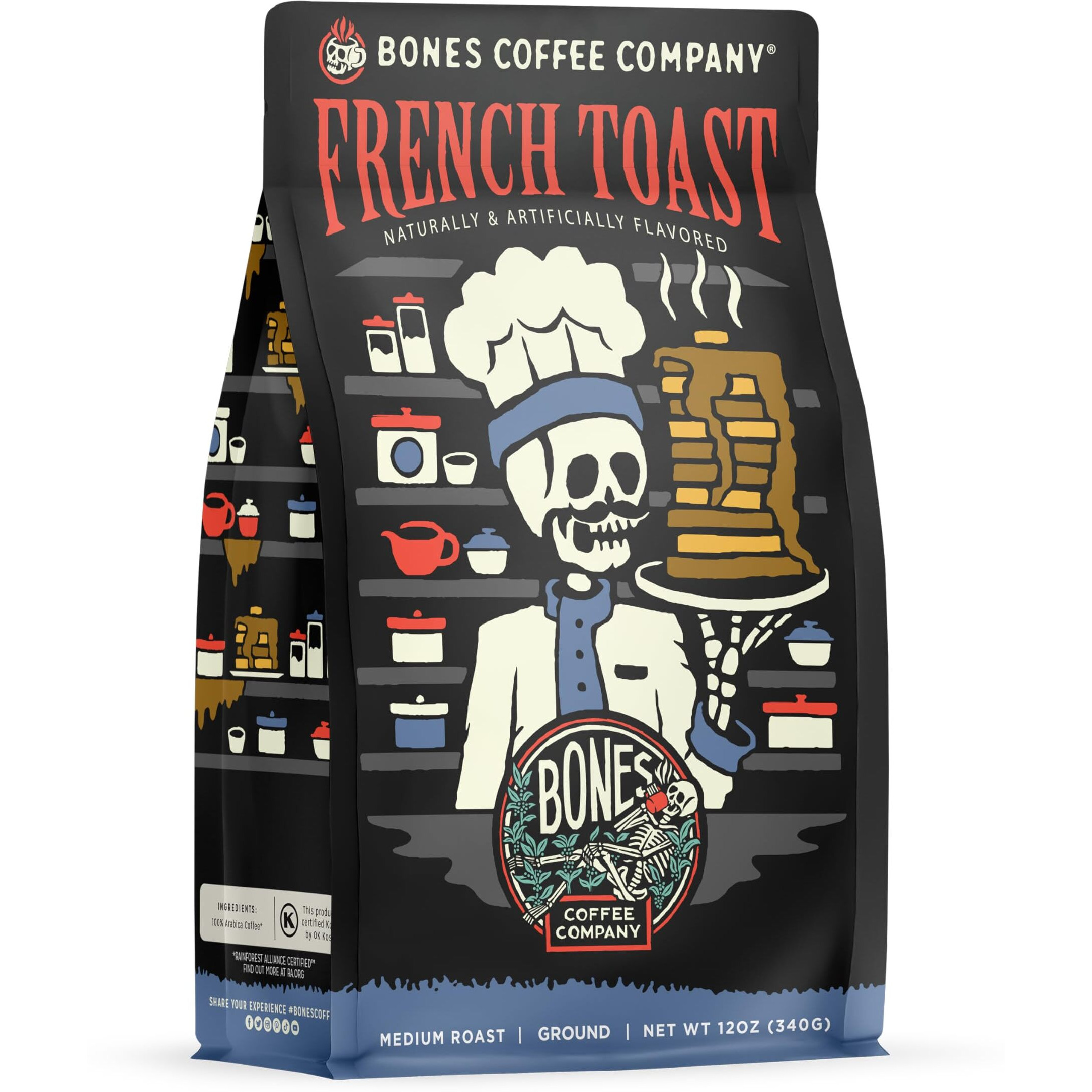 Bones Coffee Company French Toast Ground Coffee Beans, Sweet & Buttery Flavor, Low Acid Flavored Coffee, Made With Arabica Coffee Beans, Medium Roast Gourmet Coffee (12 Oz)