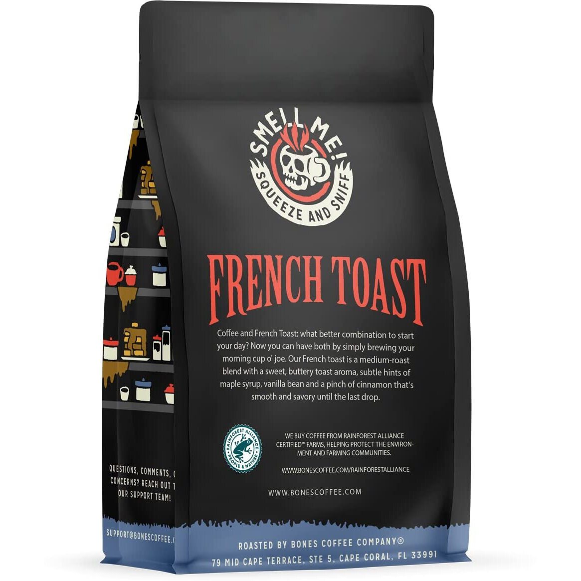 Bones Coffee Company French Toast Ground Coffee Beans, Sweet & Buttery Flavor, Low Acid Flavored Coffee, Made With Arabica Coffee Beans, Medium Roast Gourmet Coffee (12 Oz)