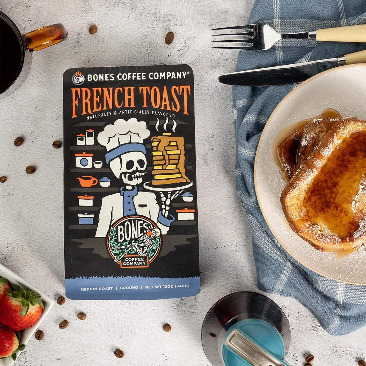 Bones Coffee Company French Toast Ground Coffee Beans, Sweet & Buttery Flavor, Low Acid Flavored Coffee, Made With Arabica Coffee Beans, Medium Roast Gourmet Coffee (12 Oz)