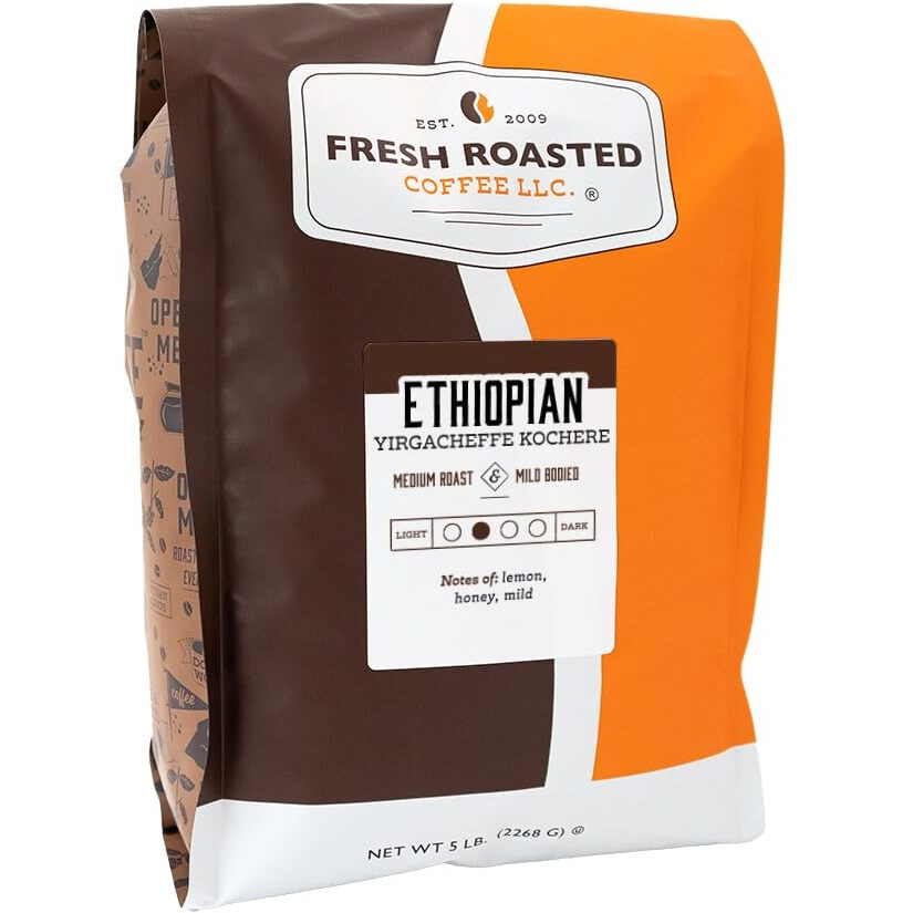 Fresh Roasted Coffee, Ethiopian Yirgacheffe Kochere, 5 Lb (80 Oz), Medium Roast, Kosher, Whole Bean