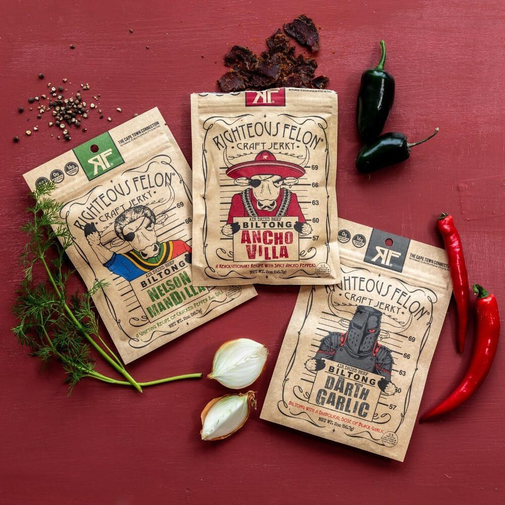 Righteous Felon Biltong Beef Jerky | Keto, Paleo, Gluten Free, High Protein | Hormone Free All Natural South African Style Biltong, No Artificial Flavors Or Preservatives, Low Carb Antibiotics (Variety Pack)
