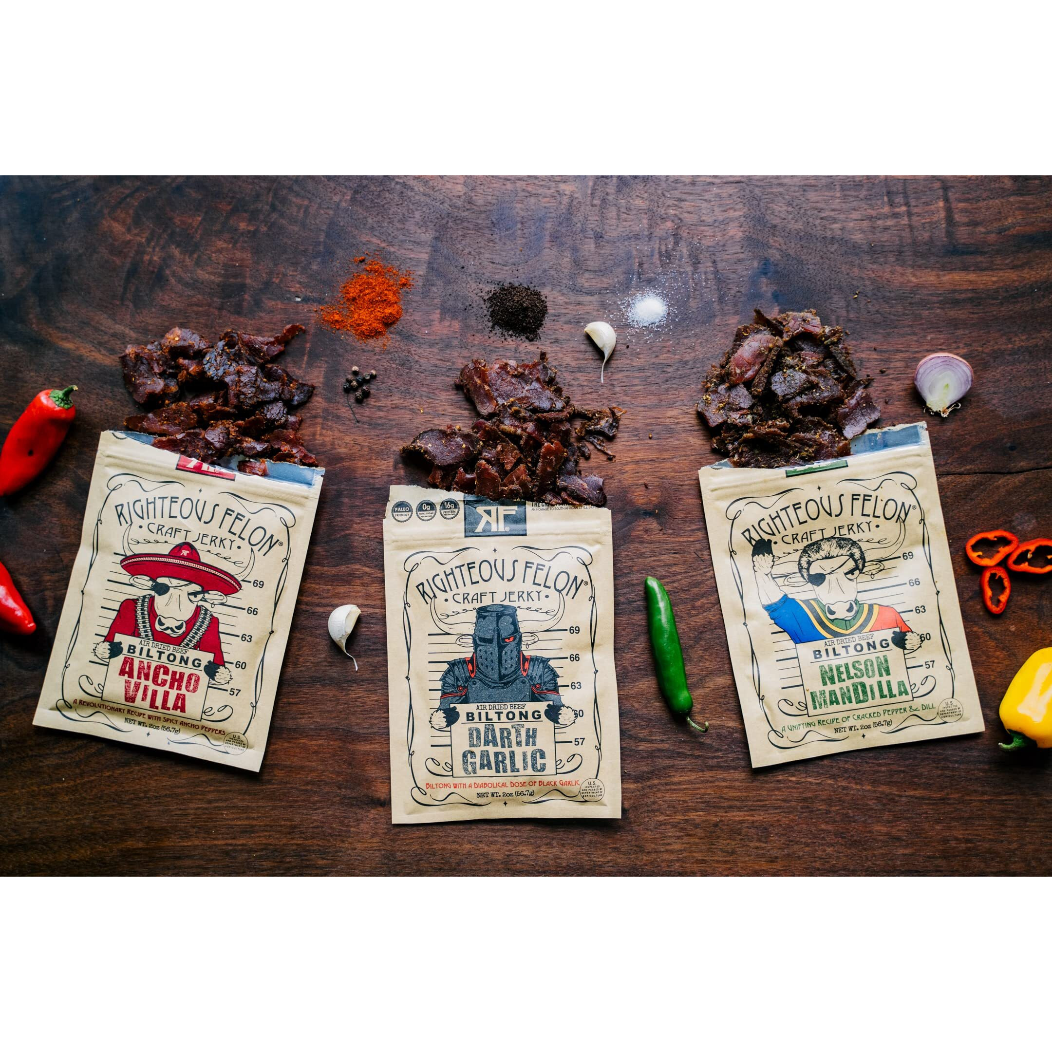 Righteous Felon Biltong Beef Jerky | Keto, Paleo, Gluten Free, High Protein | Hormone Free All Natural South African Style Biltong, No Artificial Flavors Or Preservatives, Low Carb Antibiotics (Variety Pack)