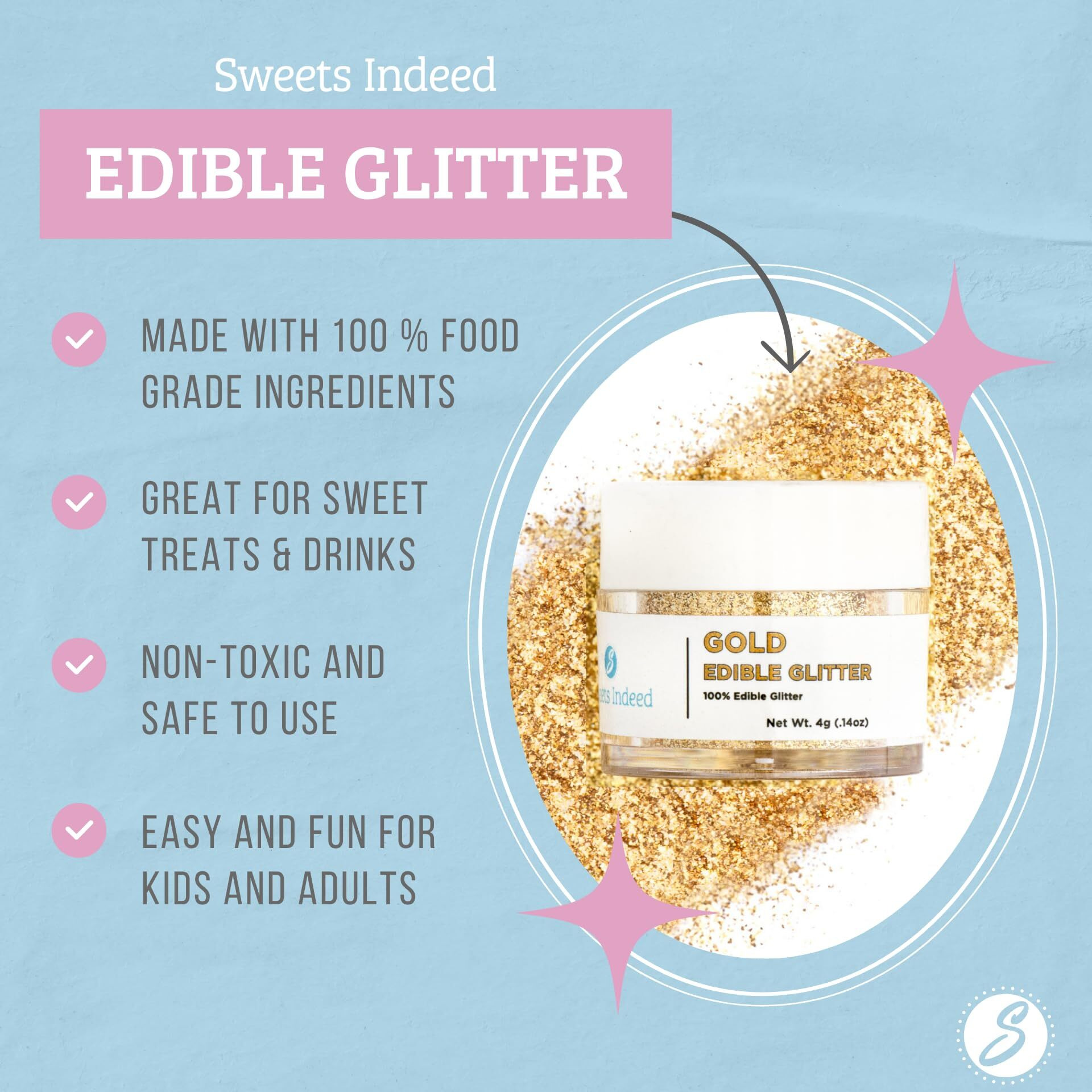 Sweets Indeed Gold Edible Glitter, Perfect For Drinks, Cocktails, Beverages & Cake Decorating, Dessert Cake Topper, 4 Grams (Gold 4G)