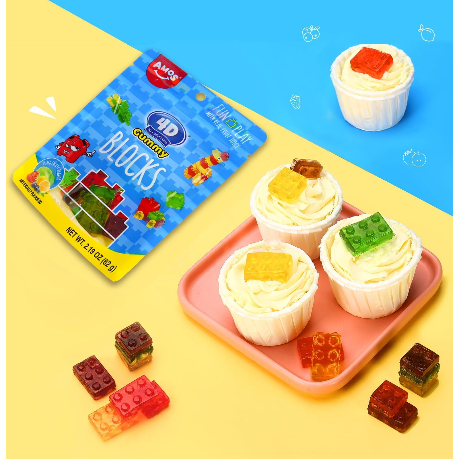 Amos 4D Gummy Blocks Candy Bricks, Edible Building Blocks, Themed Novelty Candy For Kids Birthday Party, Cupcake Topper, Resealable 2.19Oz Bag (Pack Of 3)