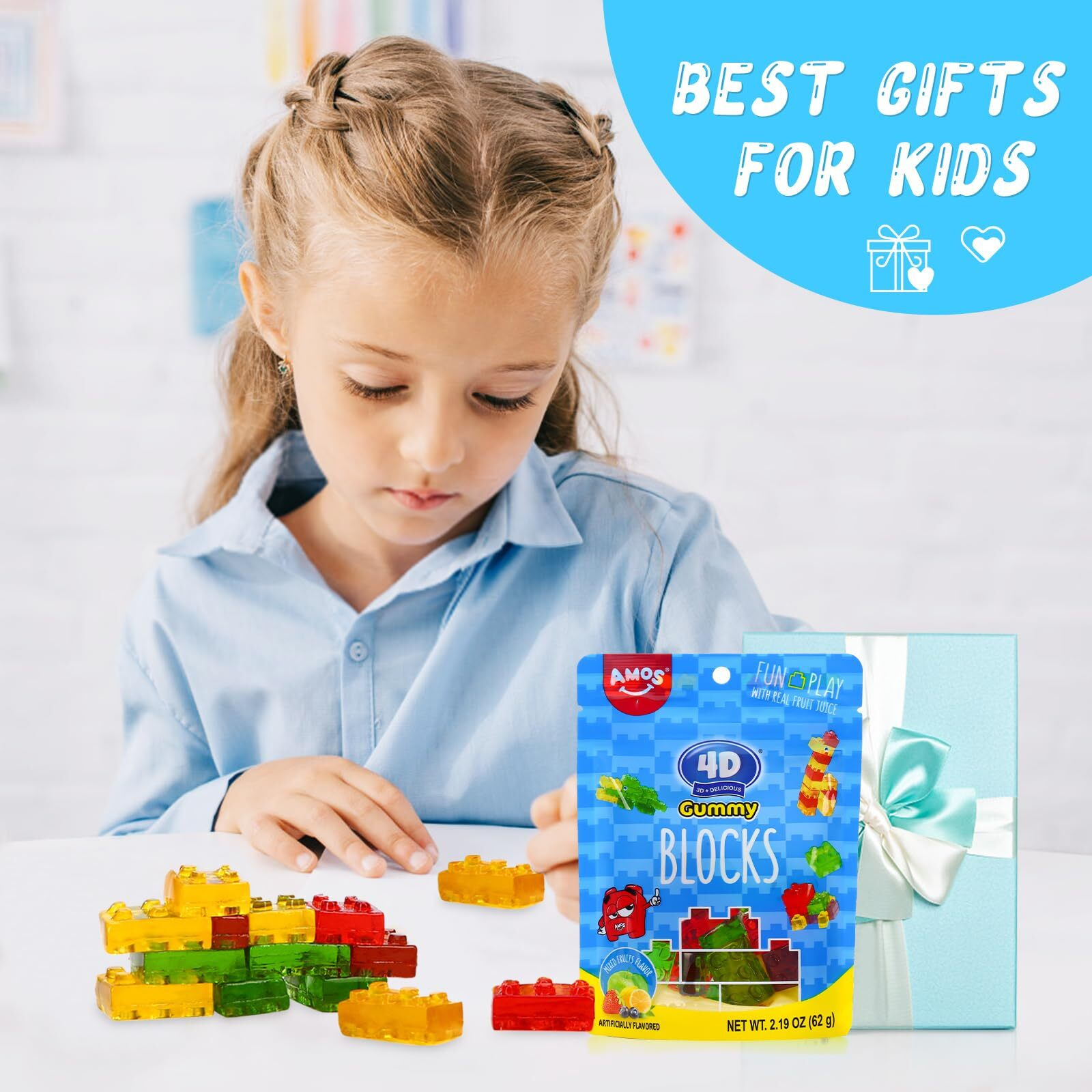 Amos 4D Gummy Blocks Candy Bricks, Edible Building Blocks, Themed Novelty Candy For Kids Birthday Party, Cupcake Topper, Resealable 2.19Oz Bag (Pack Of 3)
