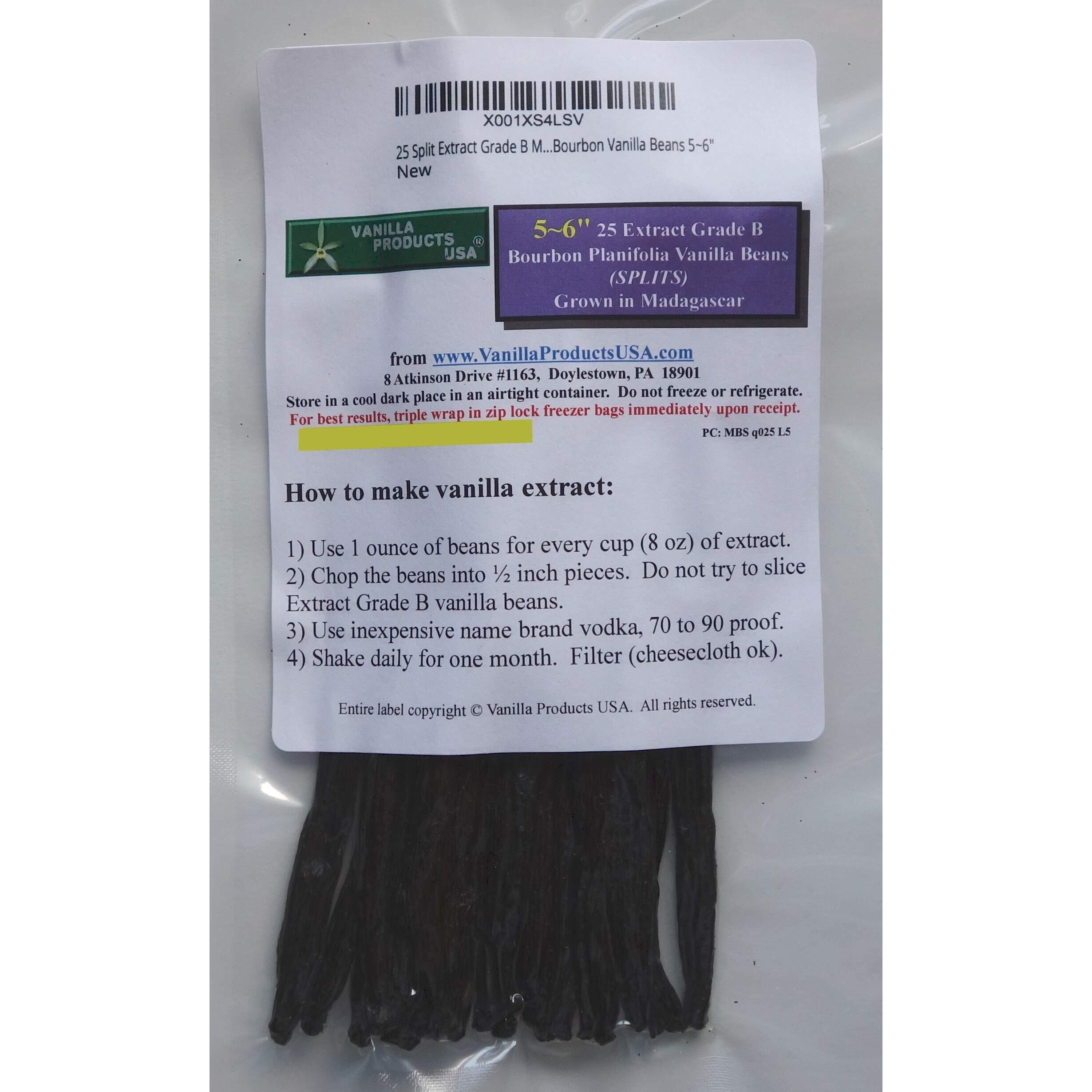25 Split Extract Grade B Madagascar Bourbon Vanilla Beans 5~6"" Vanilla Pods By Vanilla Products Usa