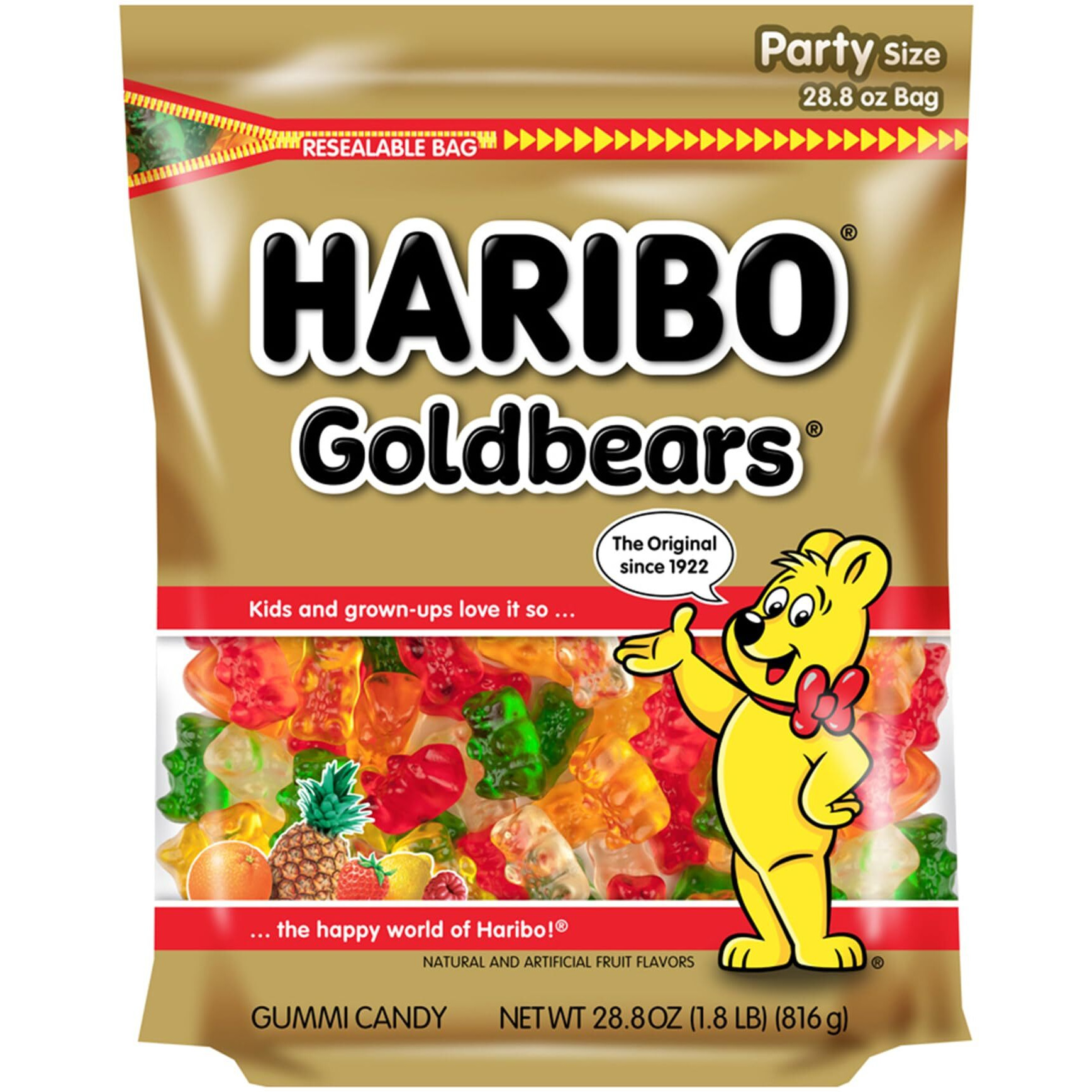 Haribo Gummi Candy, Original Goldbears Gummy Bears, 28.8 Ounce Resealable Party Size Bag, Delicious Soft & Chewy Sweet Snacks, Assorted Fruity Flavors