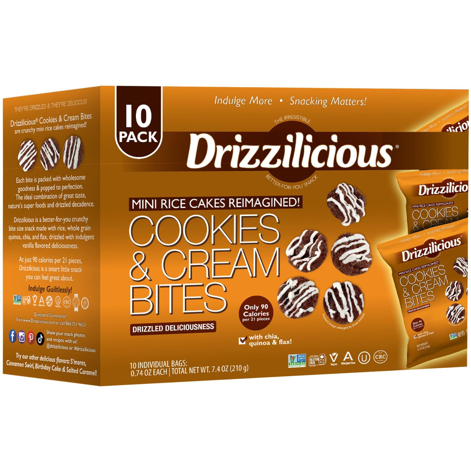 Drizzilicious Mini Rice Cakes Cookies & Cream - Rice Crisps, Healthy Snack For Adults And Kids, Flavored Rice Cakes, Vegan, Gluten Free, Allergen Free, Only 90 Calories Per Bag - 0.74 Oz (Pack Of 10)