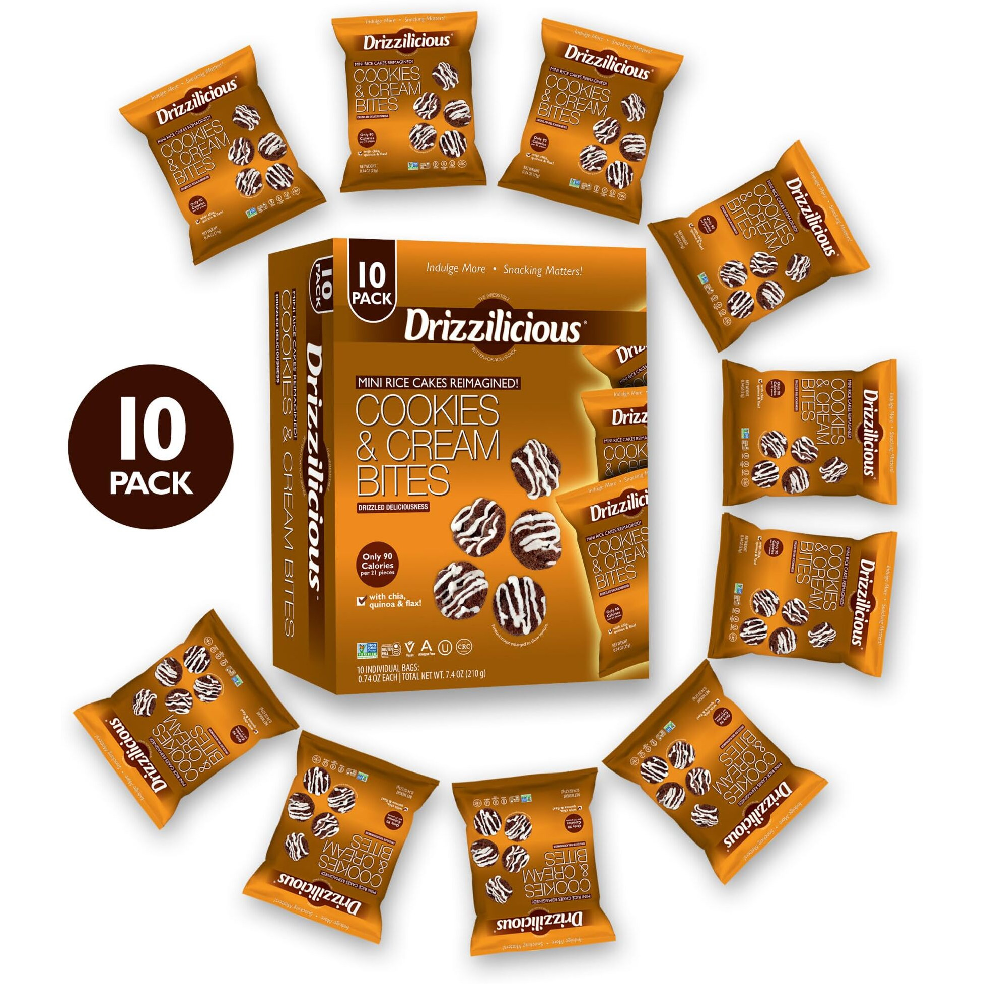 Drizzilicious Mini Rice Cakes Cookies & Cream - Rice Crisps, Healthy Snack For Adults And Kids, Flavored Rice Cakes, Vegan, Gluten Free, Allergen Free, Only 90 Calories Per Bag - 0.74 Oz (Pack Of 10)