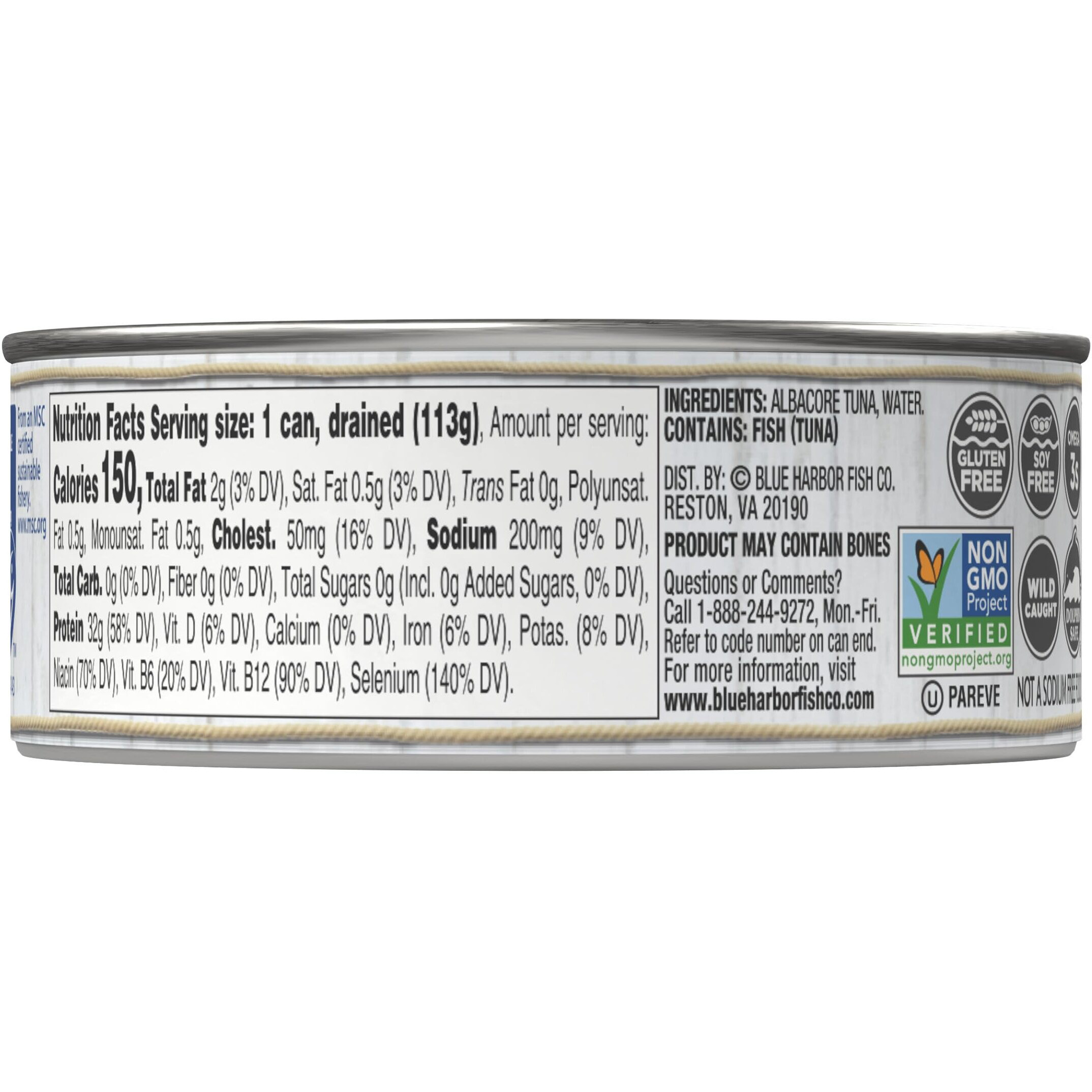 Blue Harbor Fish Co. Wild Albacore Solid White Tuna In Water No Salt Added - 4.6 Oz Can (Pack Of 12)