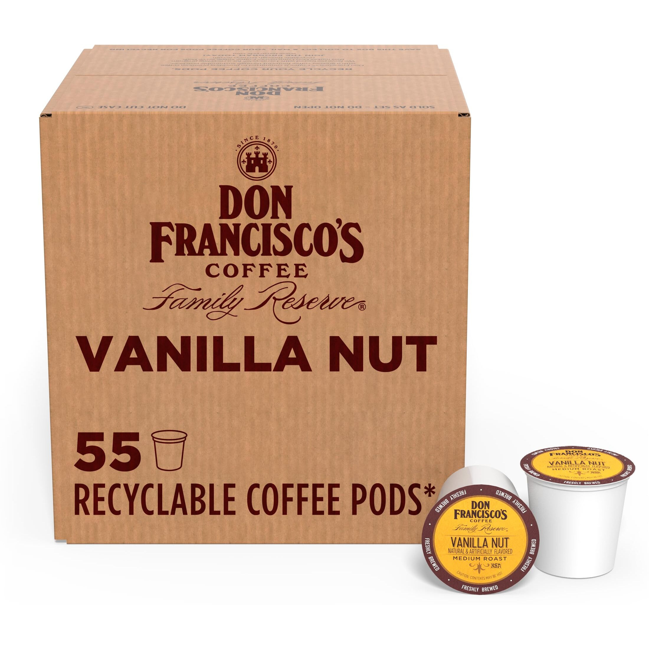 Don Francisco's Vanilla Nut Flavored Medium Roast Coffee Pods - 55 Count - Recyclable Single-Serve Coffee Pods, Compatible With Your K- Cup Keurig Coffee Maker