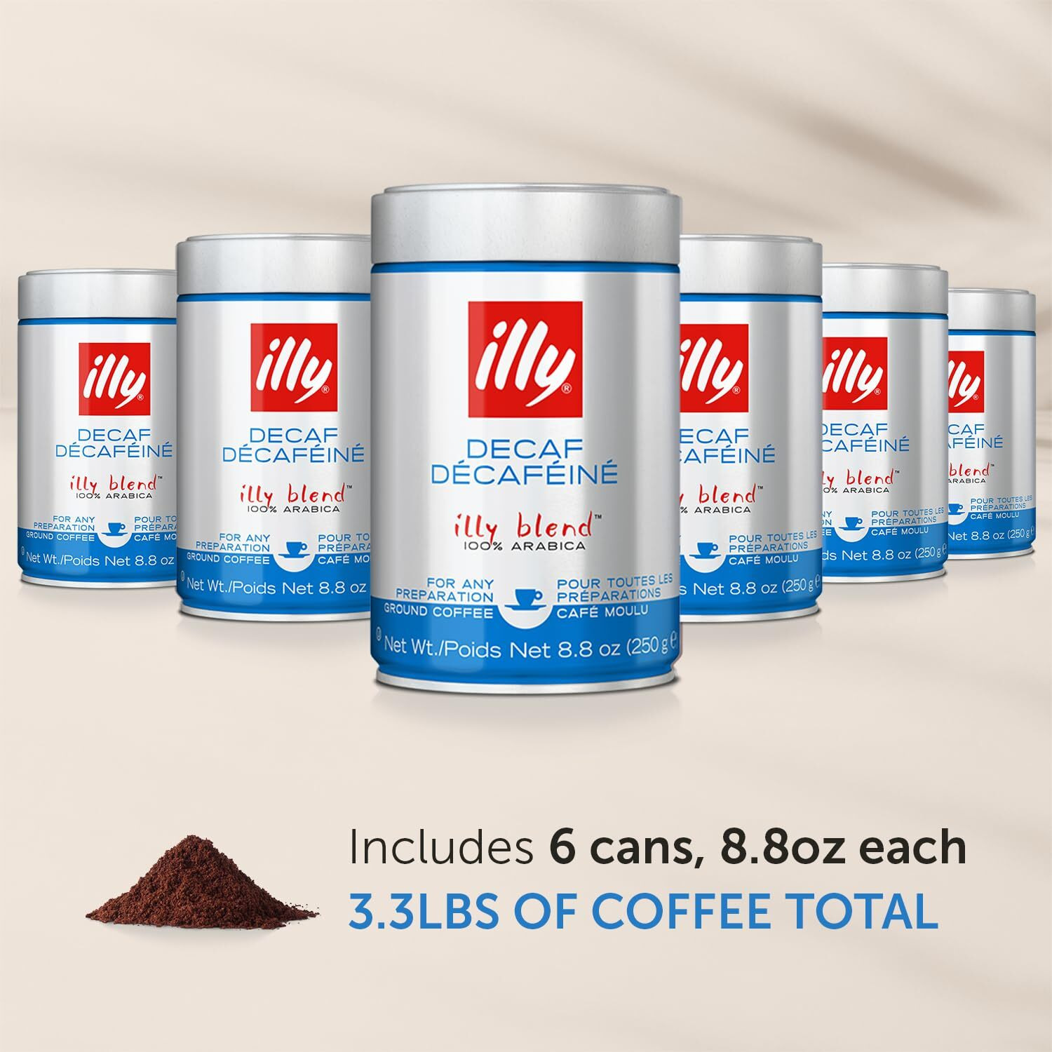 Illy Ground Coffee Espresso - 100% Arabica Coffee Ground - Classico Decaf Roast - Notes Of Caramel, Toasted Bread & Chocolate - Rich Aromatic Profile - No Preservatives - 8.8 Ounce, 6 Pack