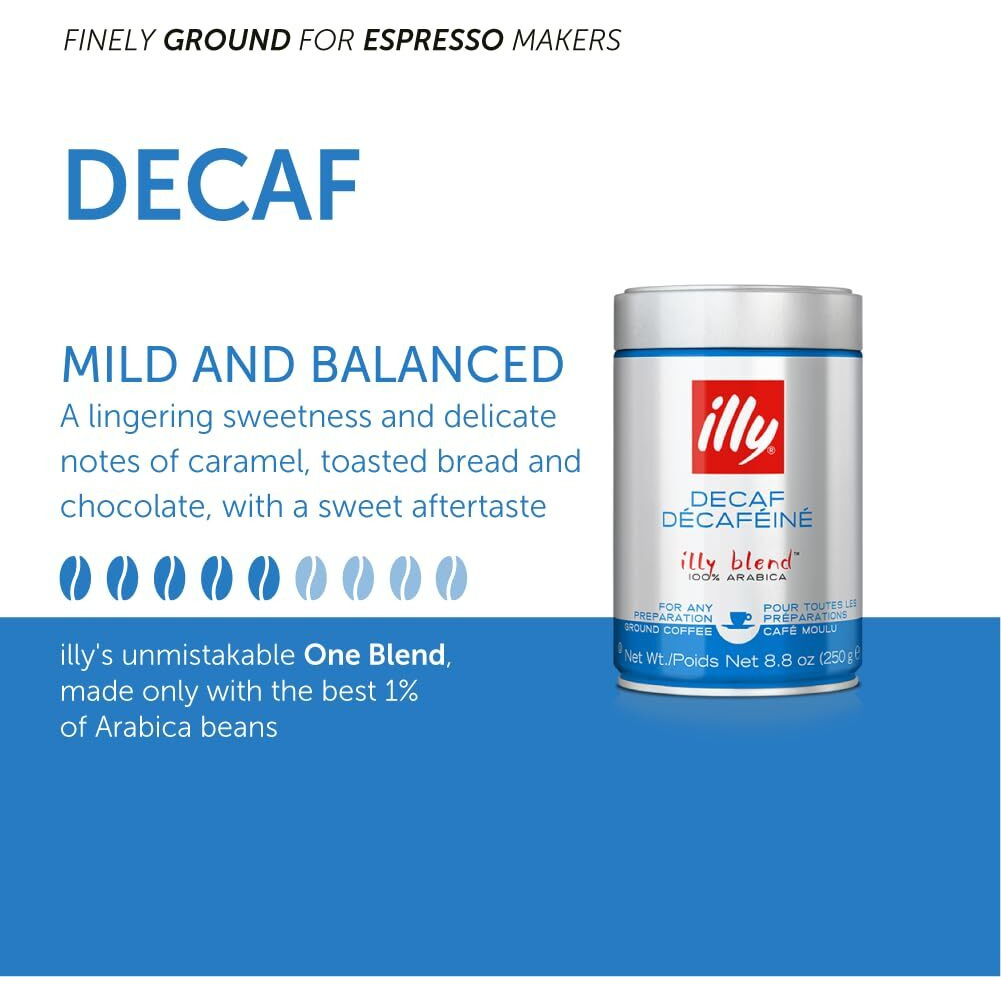 Illy Ground Coffee Espresso - 100% Arabica Coffee Ground - Classico Decaf Roast - Notes Of Caramel, Toasted Bread & Chocolate - Rich Aromatic Profile - No Preservatives - 8.8 Ounce, 6 Pack