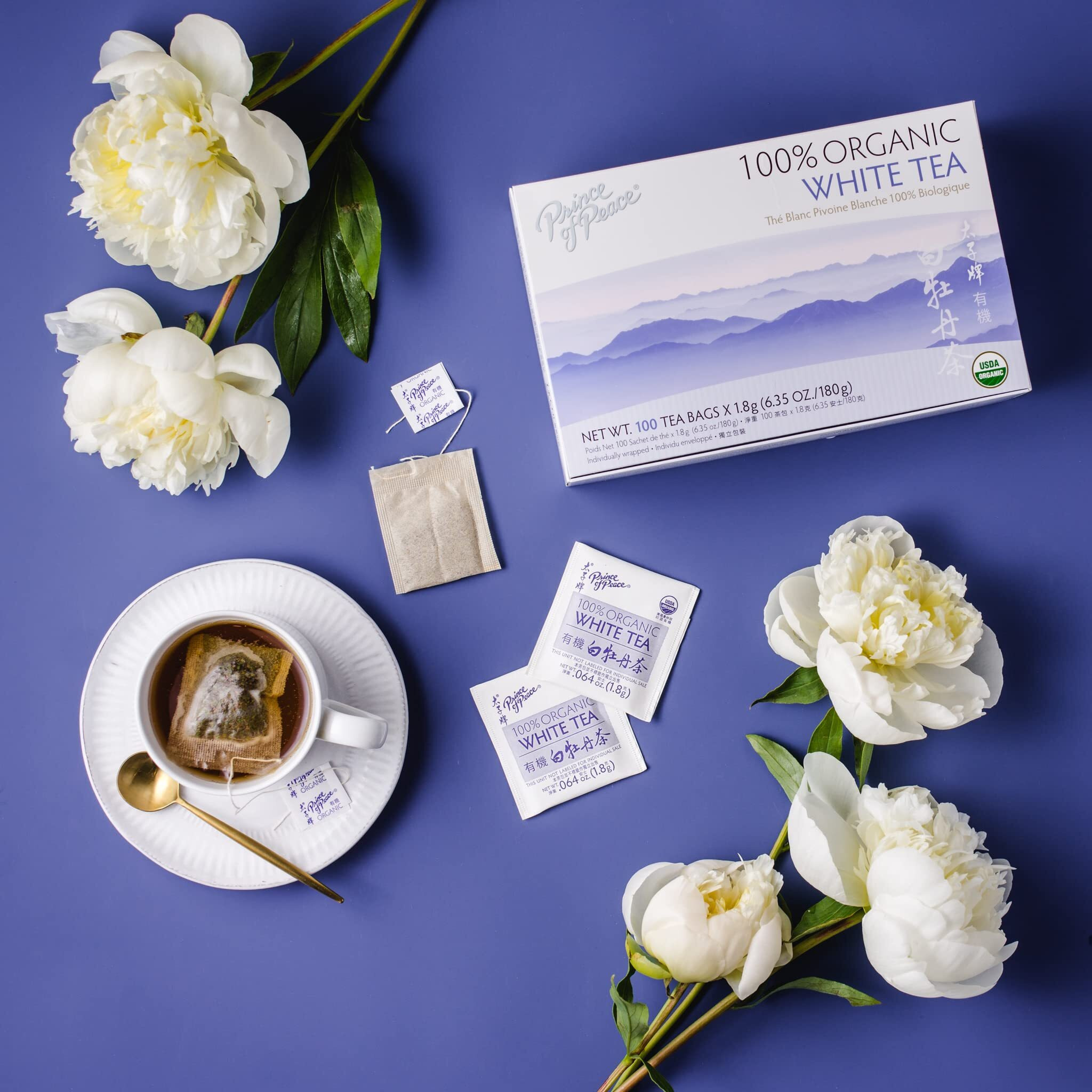 Prince Of Peace Organic White Tea, 100 Tea Bags - 100% Organic White Tea - Unsweetened White Tea - Lower Caffeine Alternative To Coffee - Herbal Health Benefits