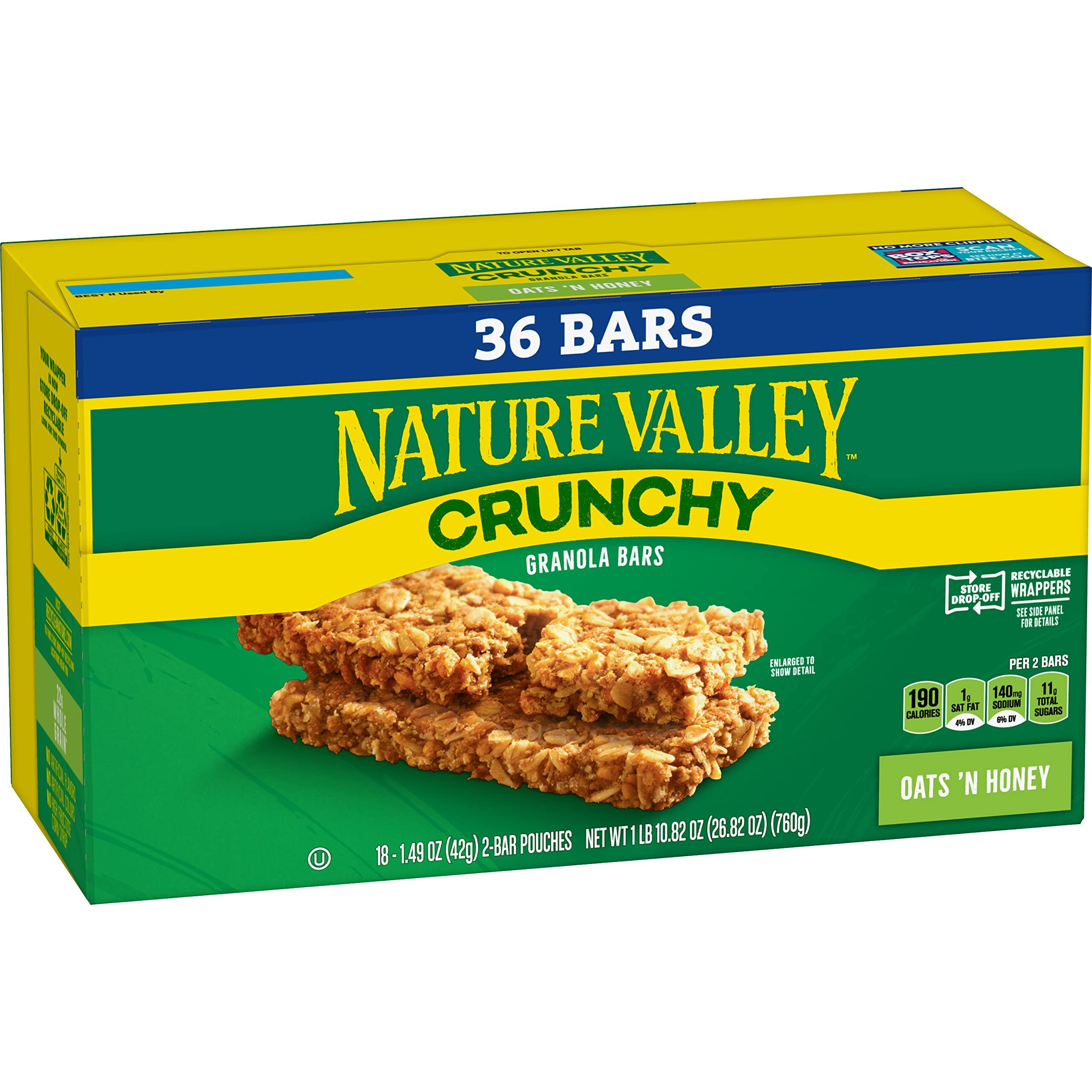 Nature Valley Crunchy Granola Bars, Oats 'N Honey, 1.49 Oz, 18 Ct, 36 Bars