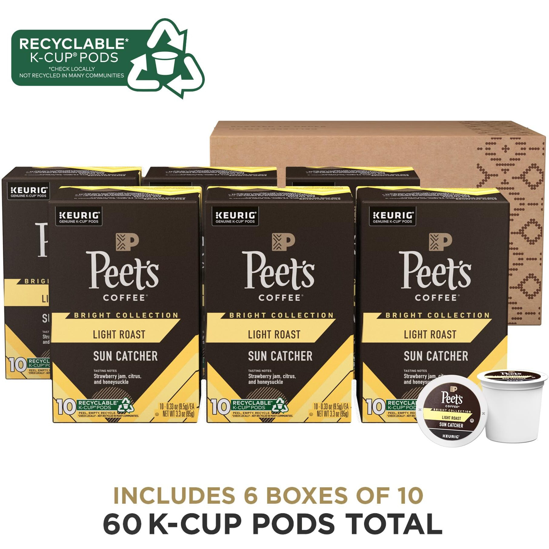 Peet's Coffee, Light Roast K-Cup Coffee Pods For Keurig Coffee Machines - Sun Catcher, 60 Count (6 Boxes Of 10 K-Cup Pods)