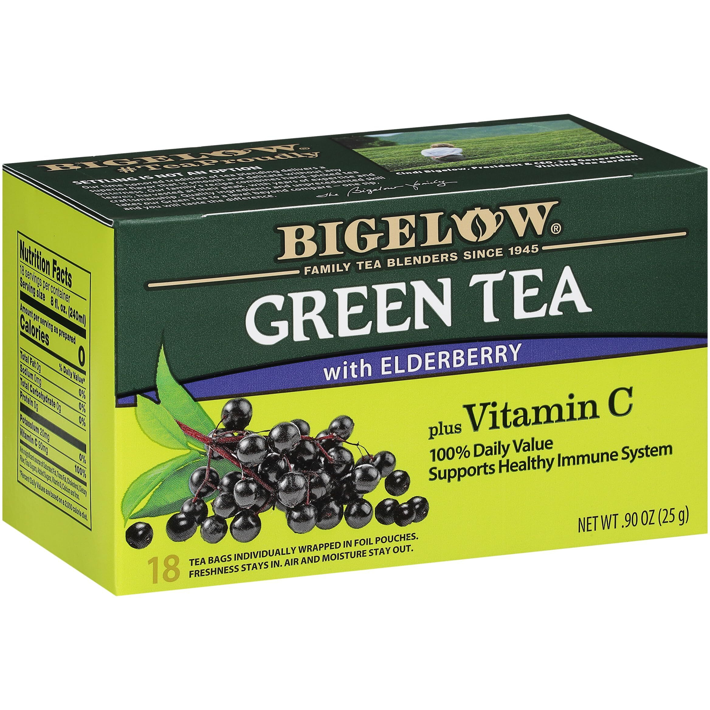 Bigelow Tea Green Tea With Elderberry Plus Vitamin C, Caffeinated Tea With Elderberry, 18 Count Box (Pack Of 6), 108 Total Tea Bags