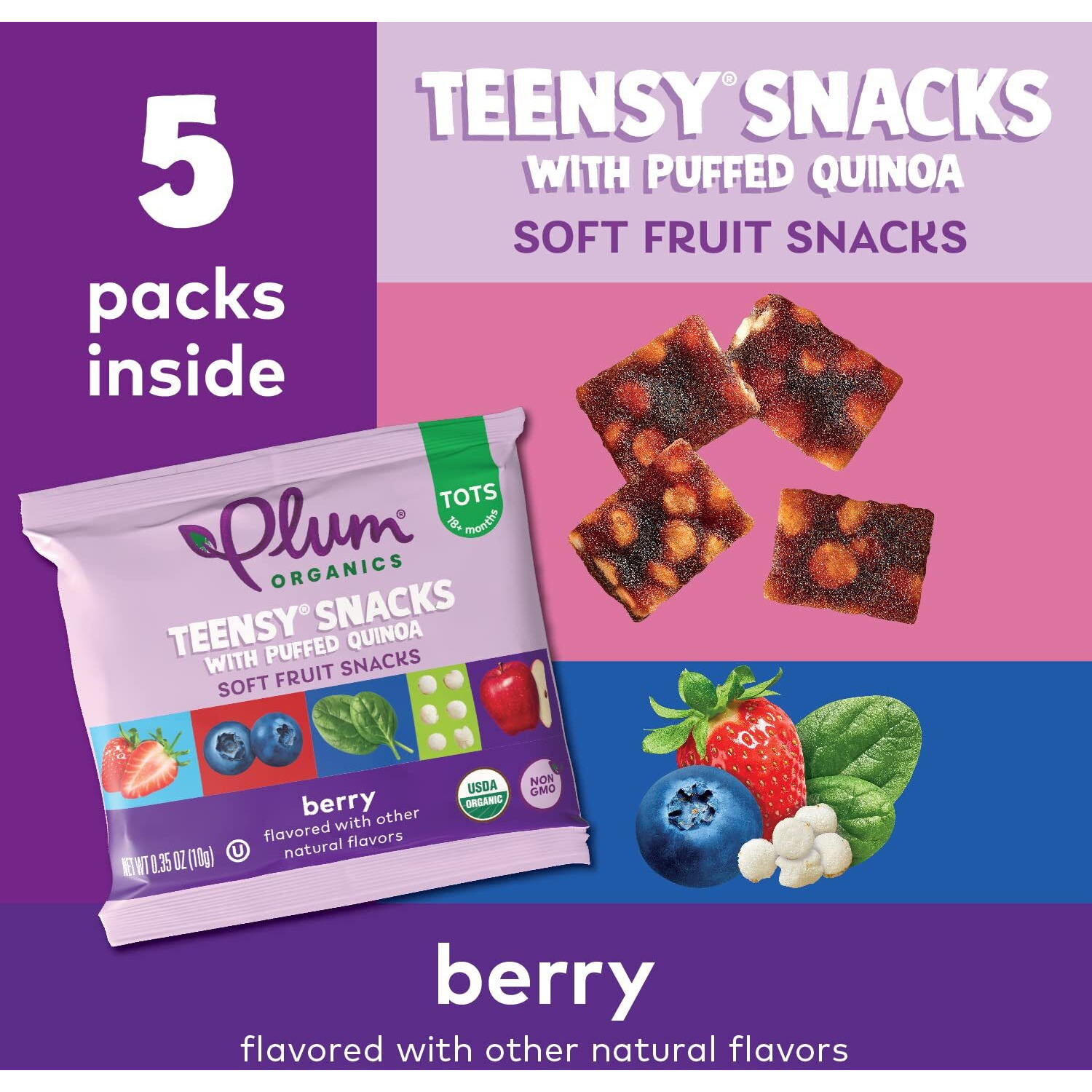 Plum Organics Teensy Snacks Soft Fruit Snacks - Berry With Puffed Quinoa - 0.35 Oz Bags (Pack Of 40) - Organic Toddler Food Fruit Snacks
