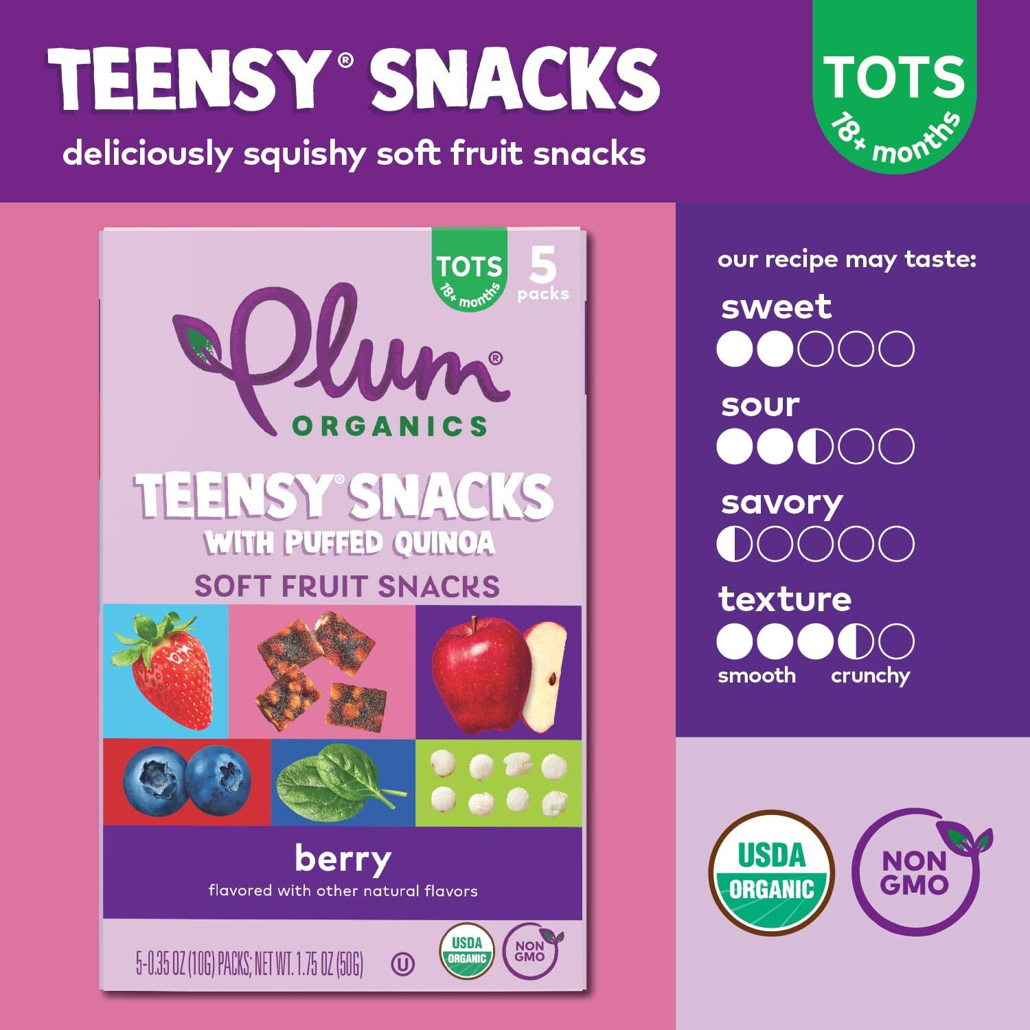 Plum Organics Teensy Snacks Soft Fruit Snacks - Berry With Puffed Quinoa - 0.35 Oz Bags (Pack Of 40) - Organic Toddler Food Fruit Snacks