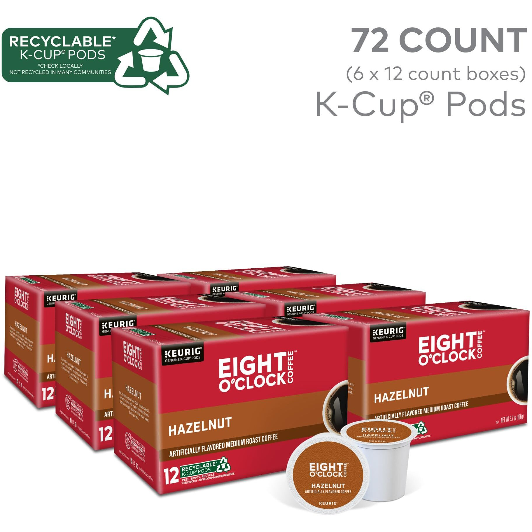 Eight O'Clock Coffee Hazelnut, Keurig Single Serve K-Cup Pods, Medium Roast, 72 Count (6 Packs Of 12)