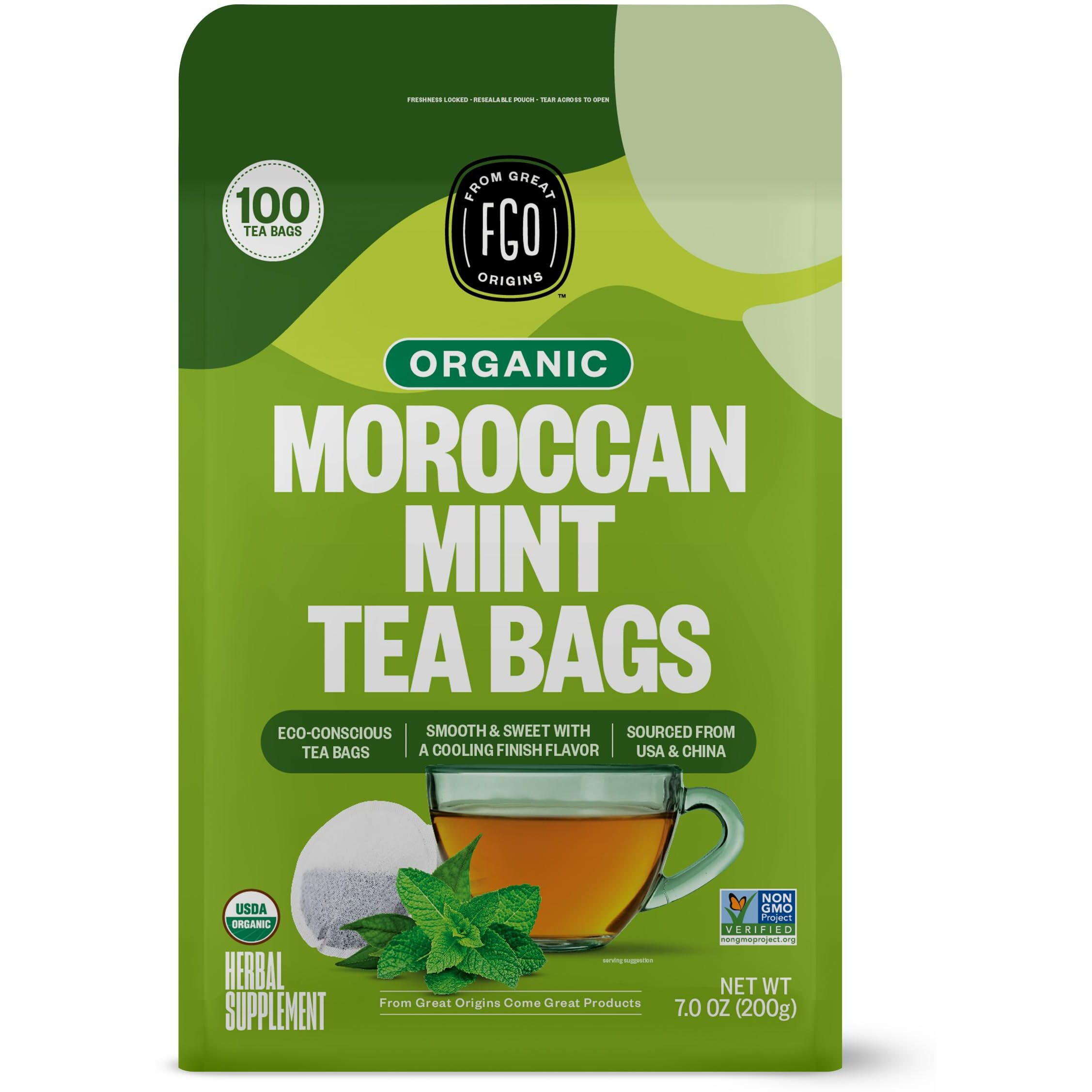 Fgo Organic Moroccan Mint Green Tea, Eco-Conscious Tea Bags, 100 Count, Packaging May Vary (Pack Of 1)