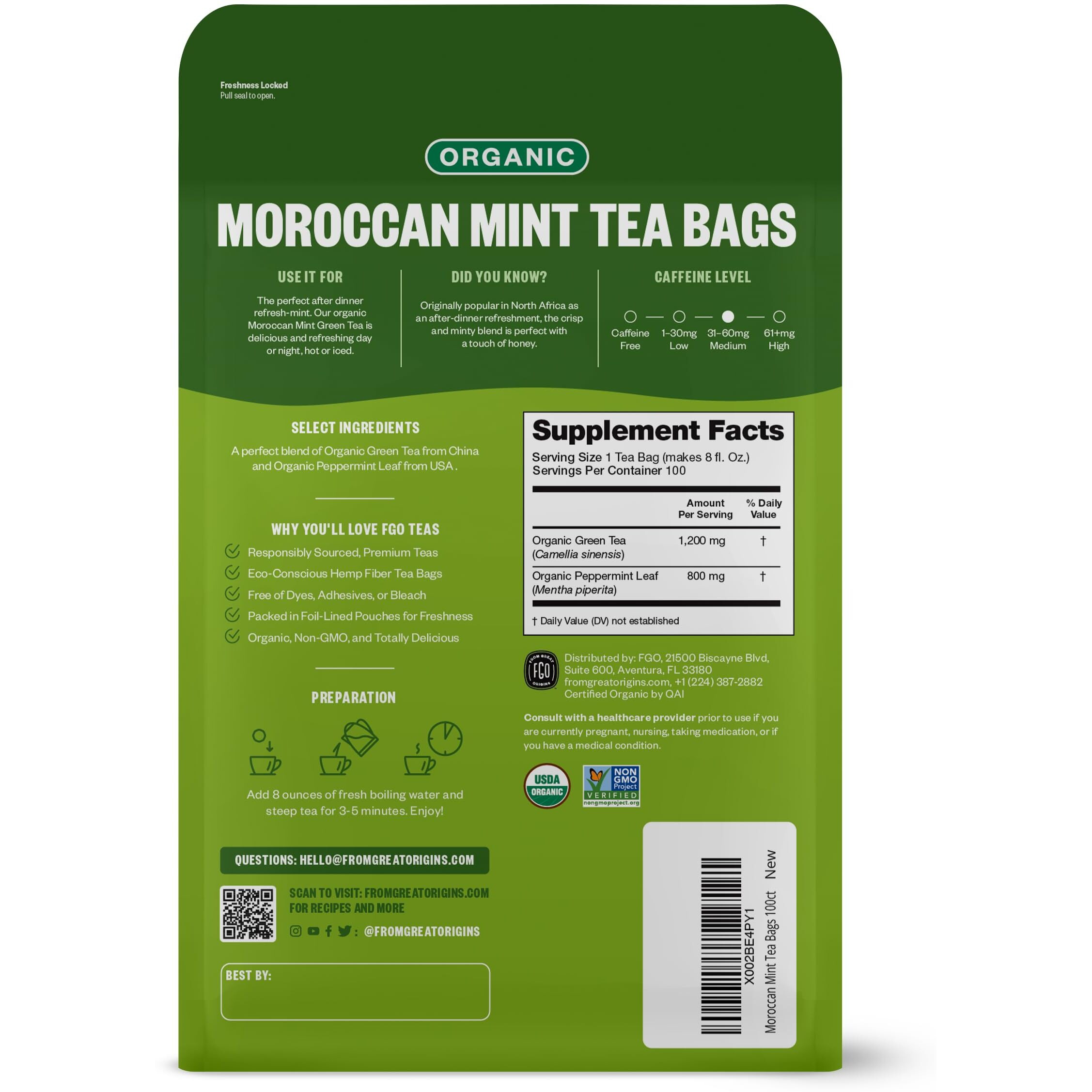 Fgo Organic Moroccan Mint Green Tea, Eco-Conscious Tea Bags, 100 Count, Packaging May Vary (Pack Of 1)